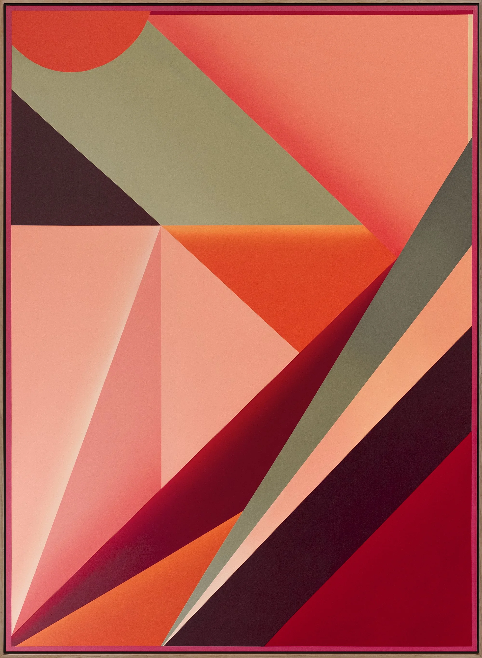 Abstract geometric artwork with various shapes and shades of red, pink, gray, black, and orange.