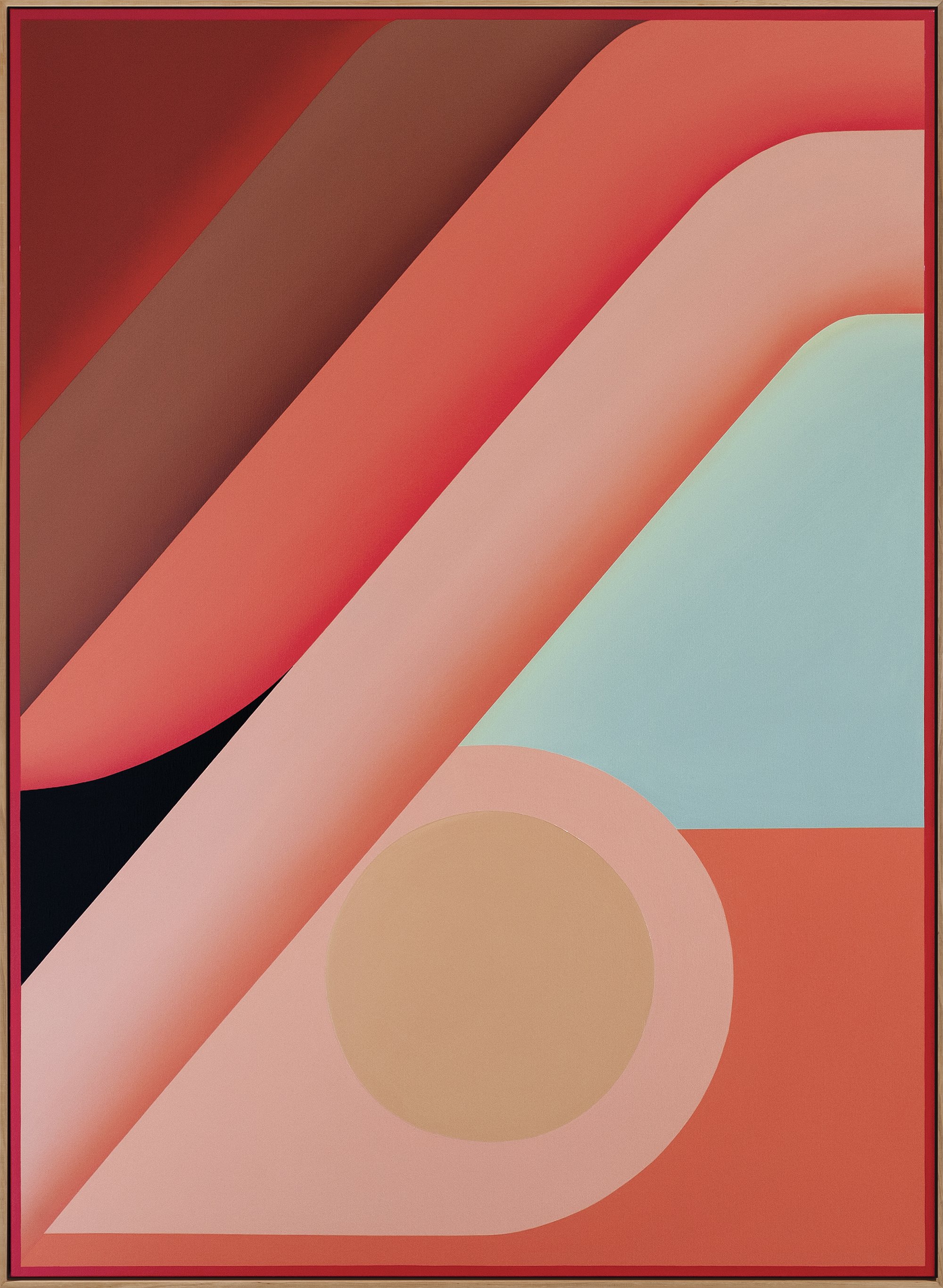 Abstract geometric art with curved and straight shapes in shades of red, pink, beige, light blue, and black.