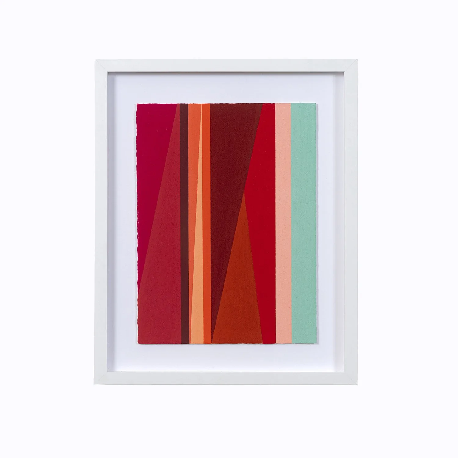 Abstract geometric painting with vertical color stripes in red, orange, brown, pink, and teal, mounted in a white frame.