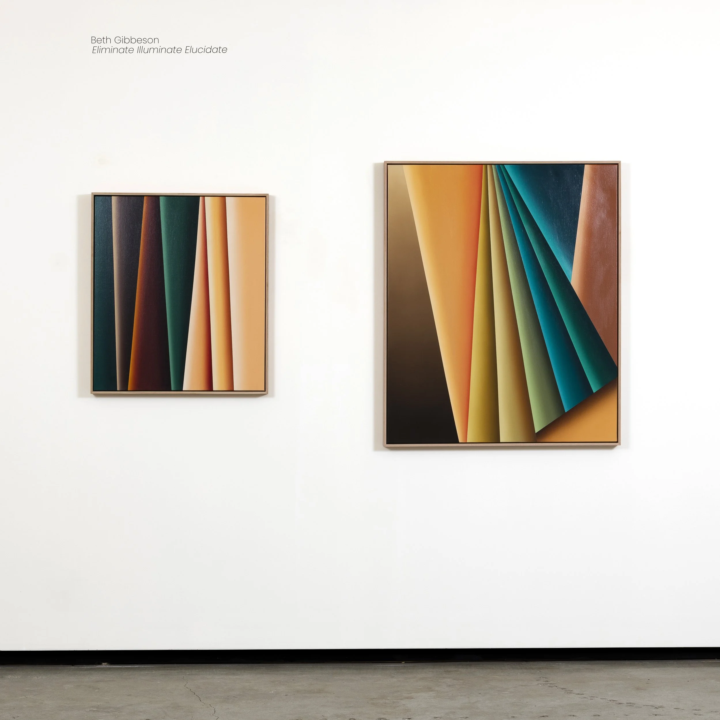 Two abstract paintings on a white gallery wall featuring colorful, folded fabric-like shapes in warm and cool tones.