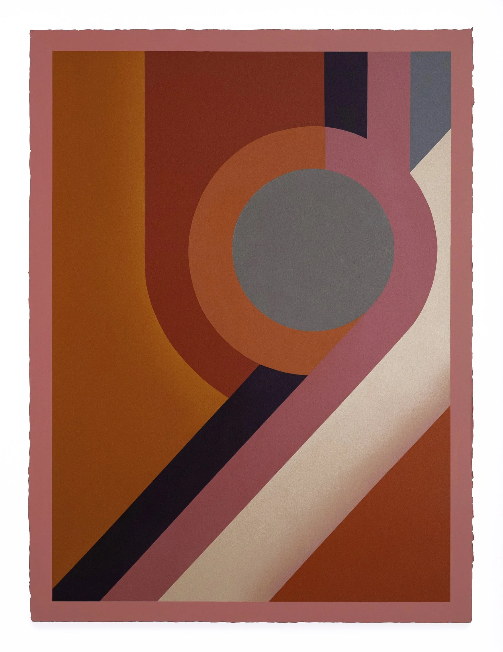 Abstract geometric artwork with circles, lines, and blocks in shades of red, pink, gray, and black.