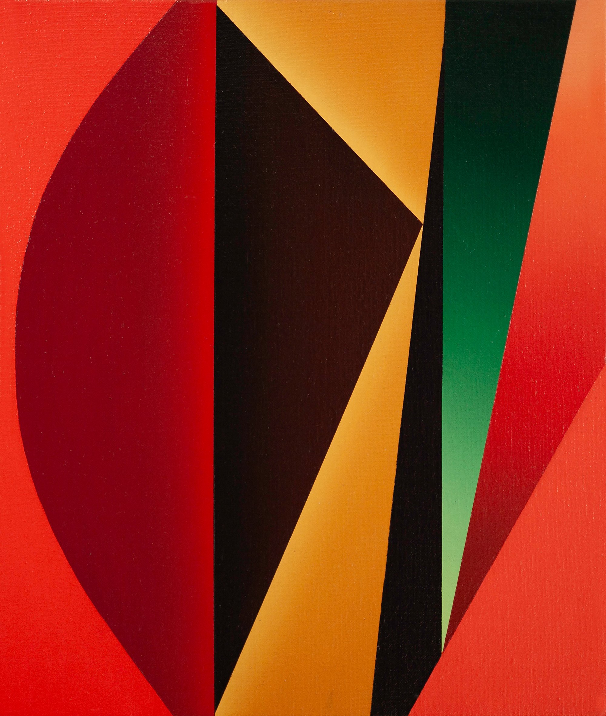 Abstract geometric artwork with red, black, yellow, and green shapes and patterns.