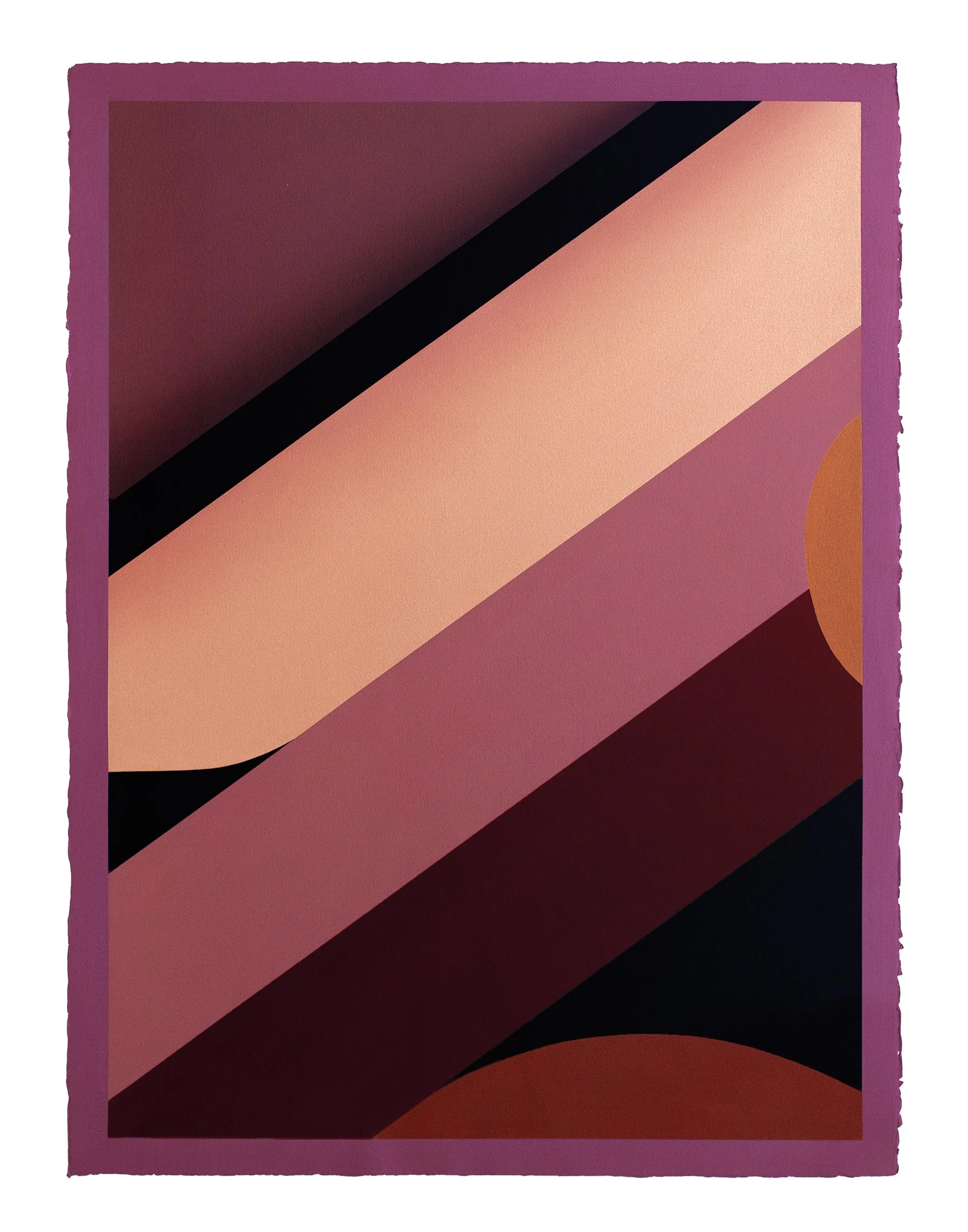 Abstract geometric art with pink, orange, red, black, and purple shapes, bordered by a purple frame.