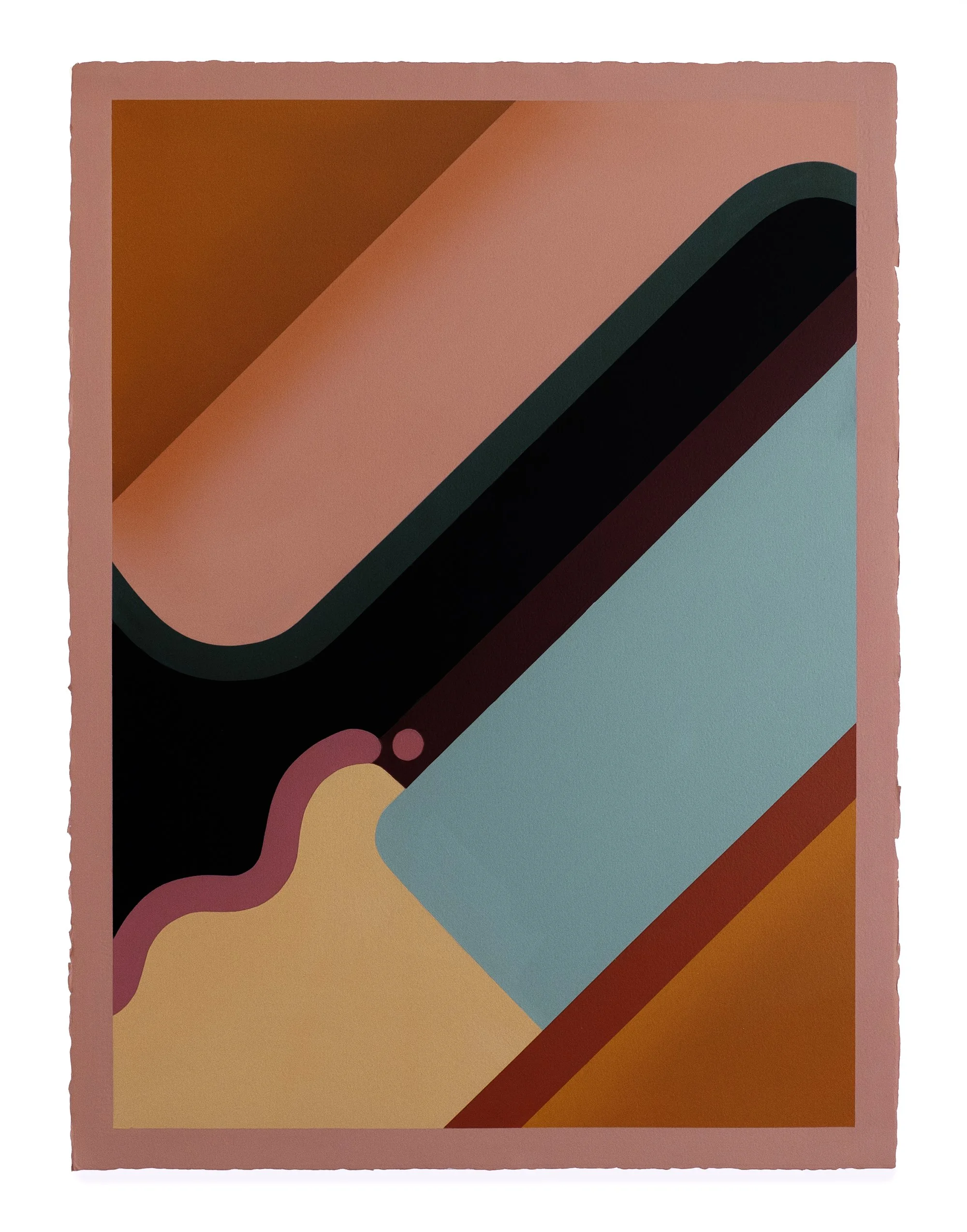 Abstract geometric artwork with bold colors and shapes, featuring diagonal lines, curves, and blocks of orange, pink, teal, black, and red.