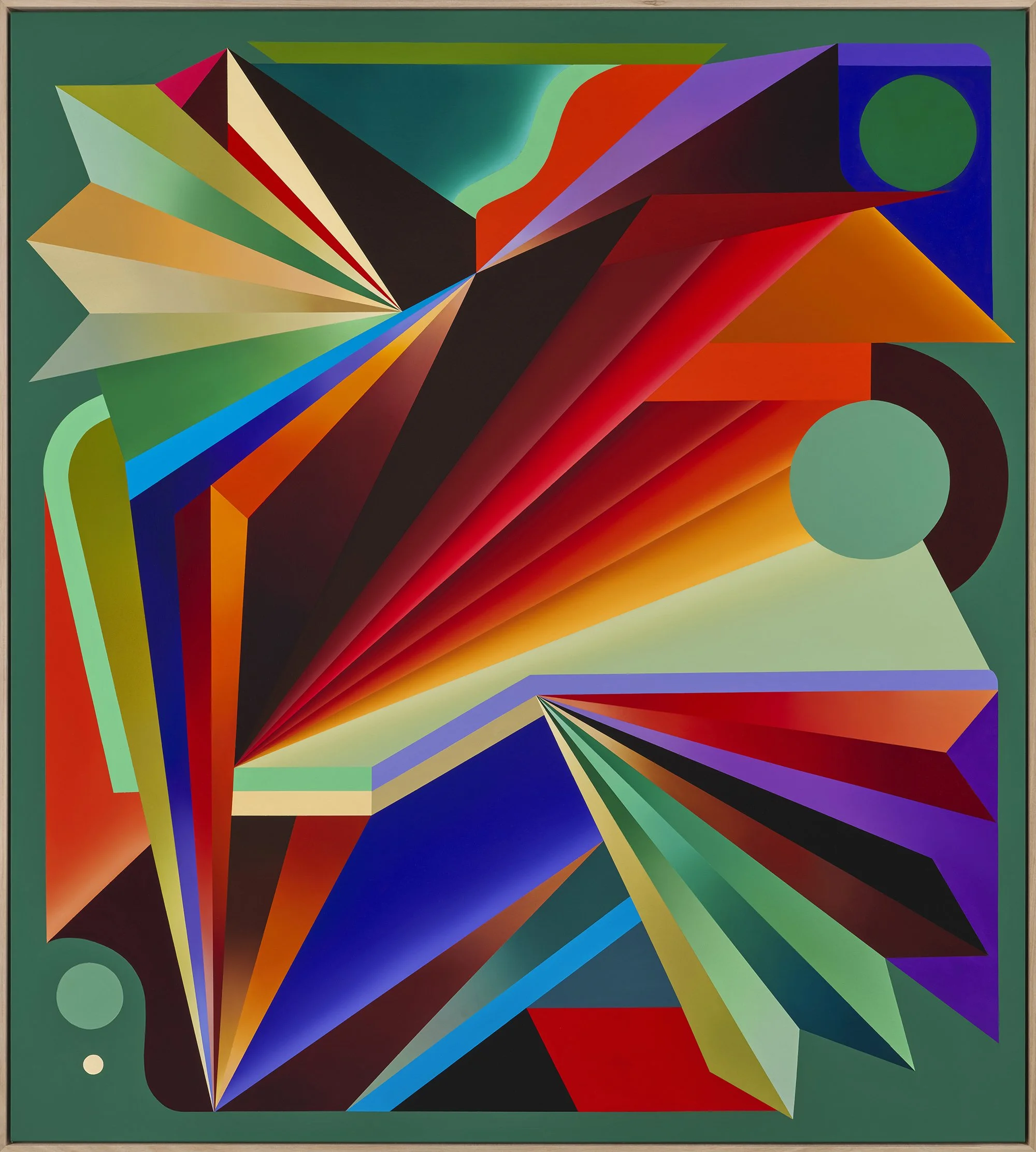 Abstract geometric artwork with multicolored triangular and circular shapes and sharp lines.