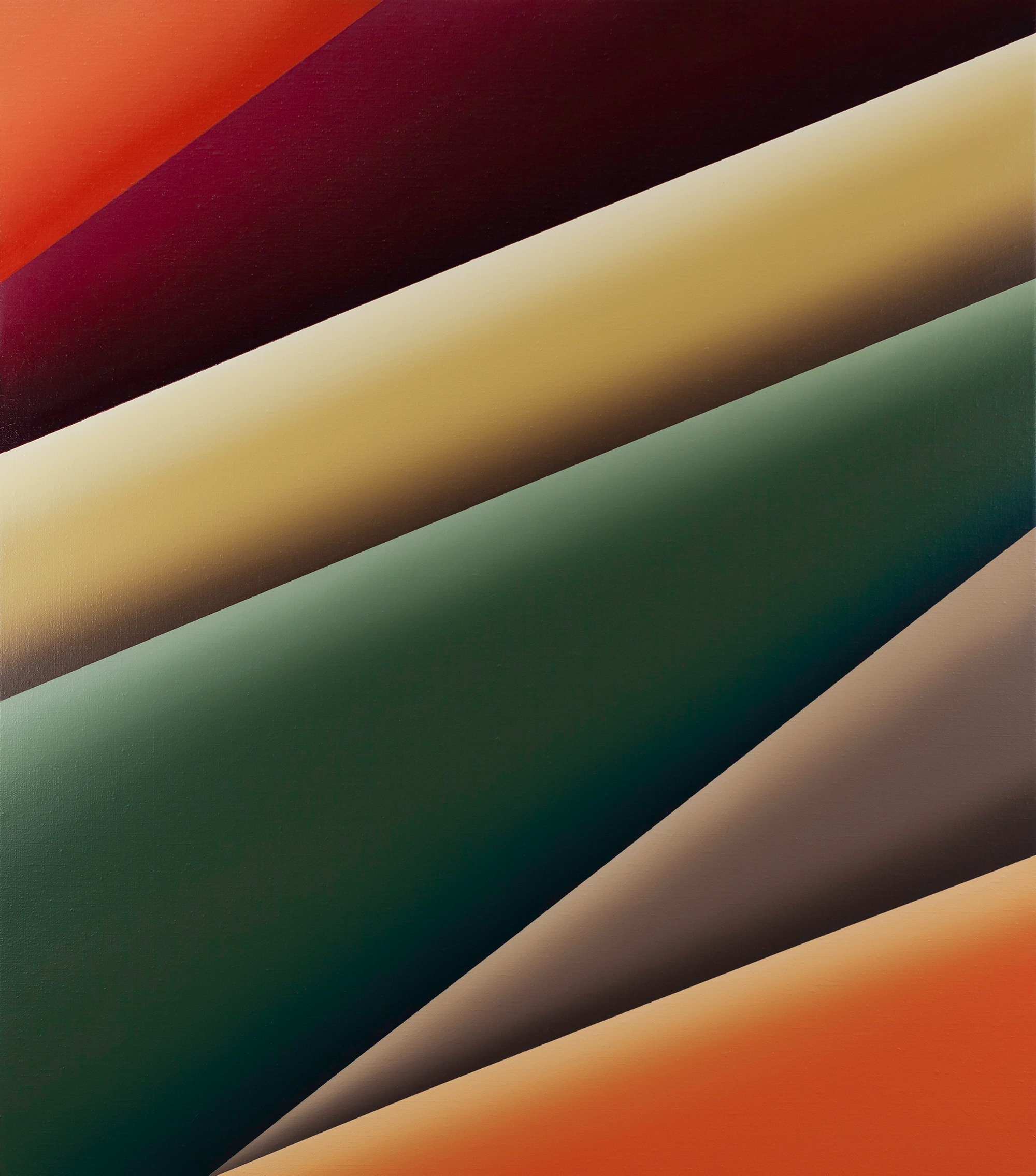 Abstract artwork with diagonal color bands including shades of red, orange, black, beige, dark green, and light gray.