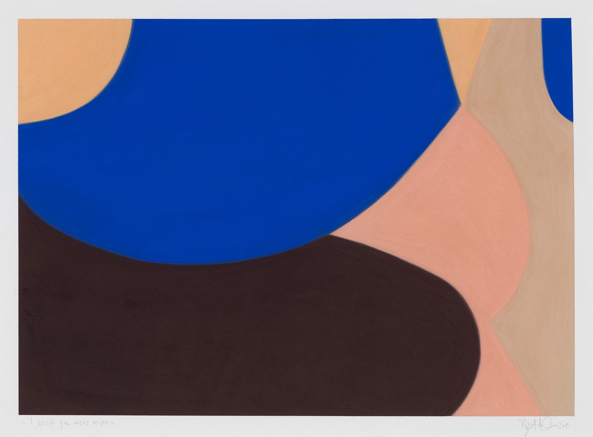 Abstract painting with large blue, peach, light brown, dark brown, and dark blue shapes.