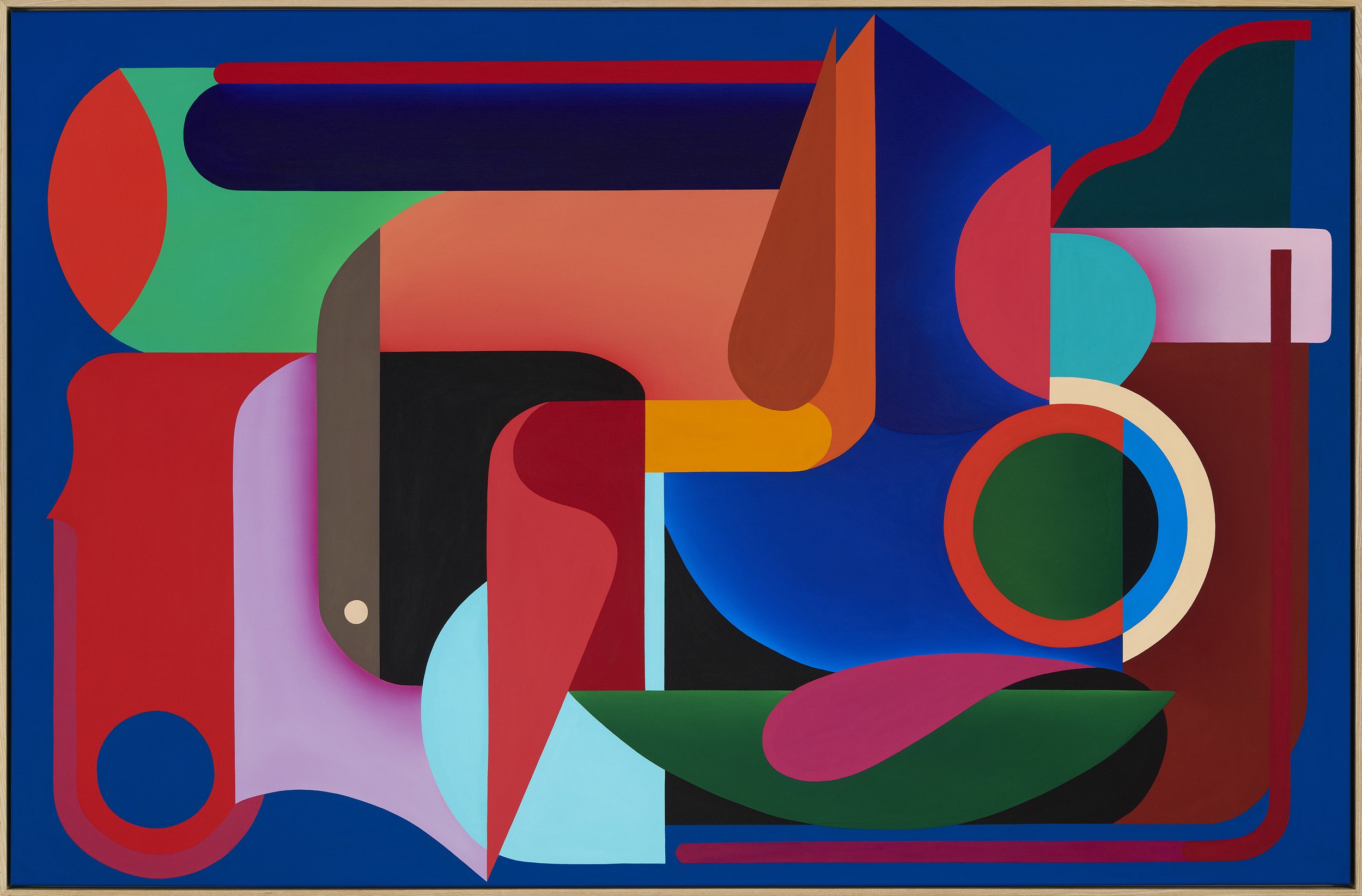 Abstract colorful geometric shapes and patterns in red, green, blue, black, orange, yellow, pink, and beige tones.