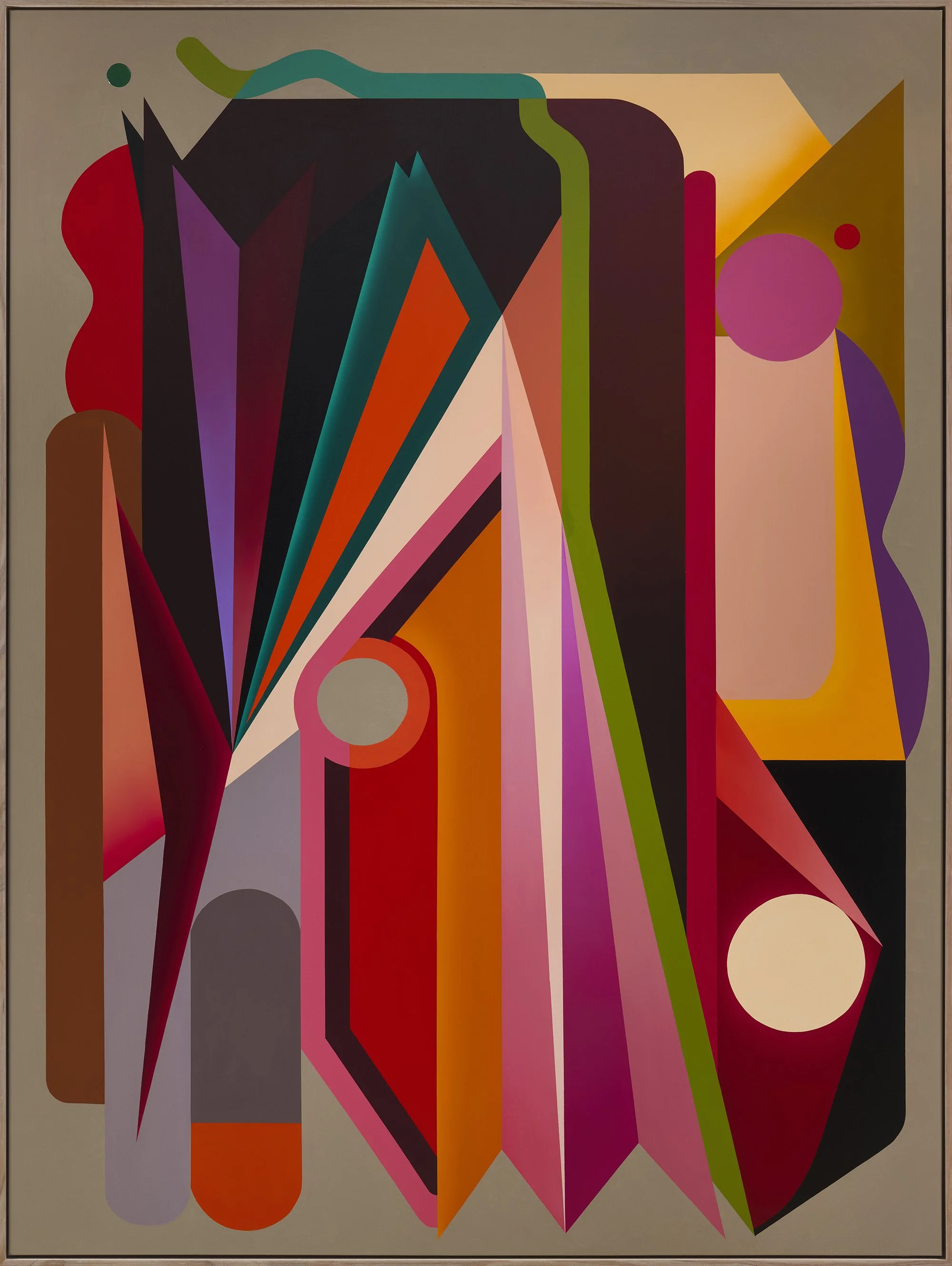 Abstract geometric painting with various colorful shapes, lines, and circles in a modern art style.