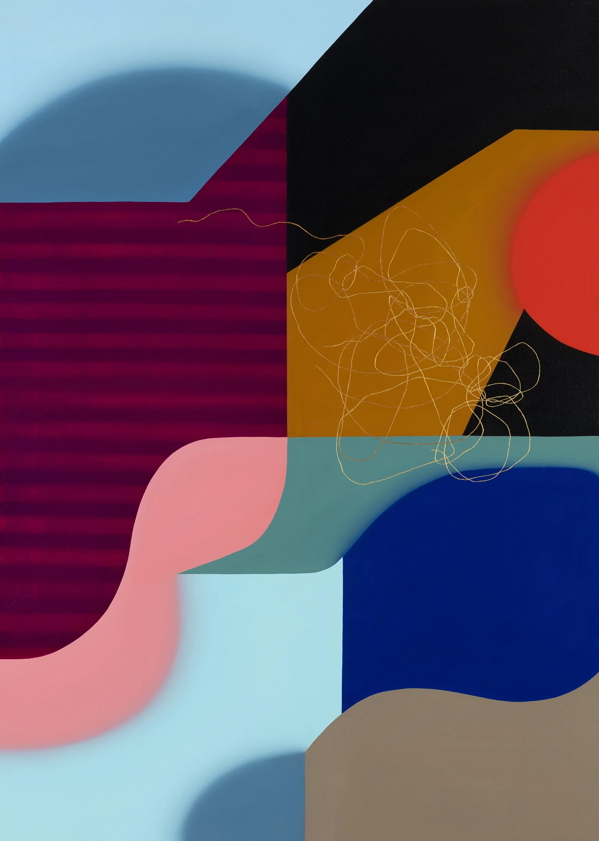 Abstract colorful geometric shapes and lines, including a large red circle, black, yellow, blue, pink, and light blue areas with patterns and scribbles.