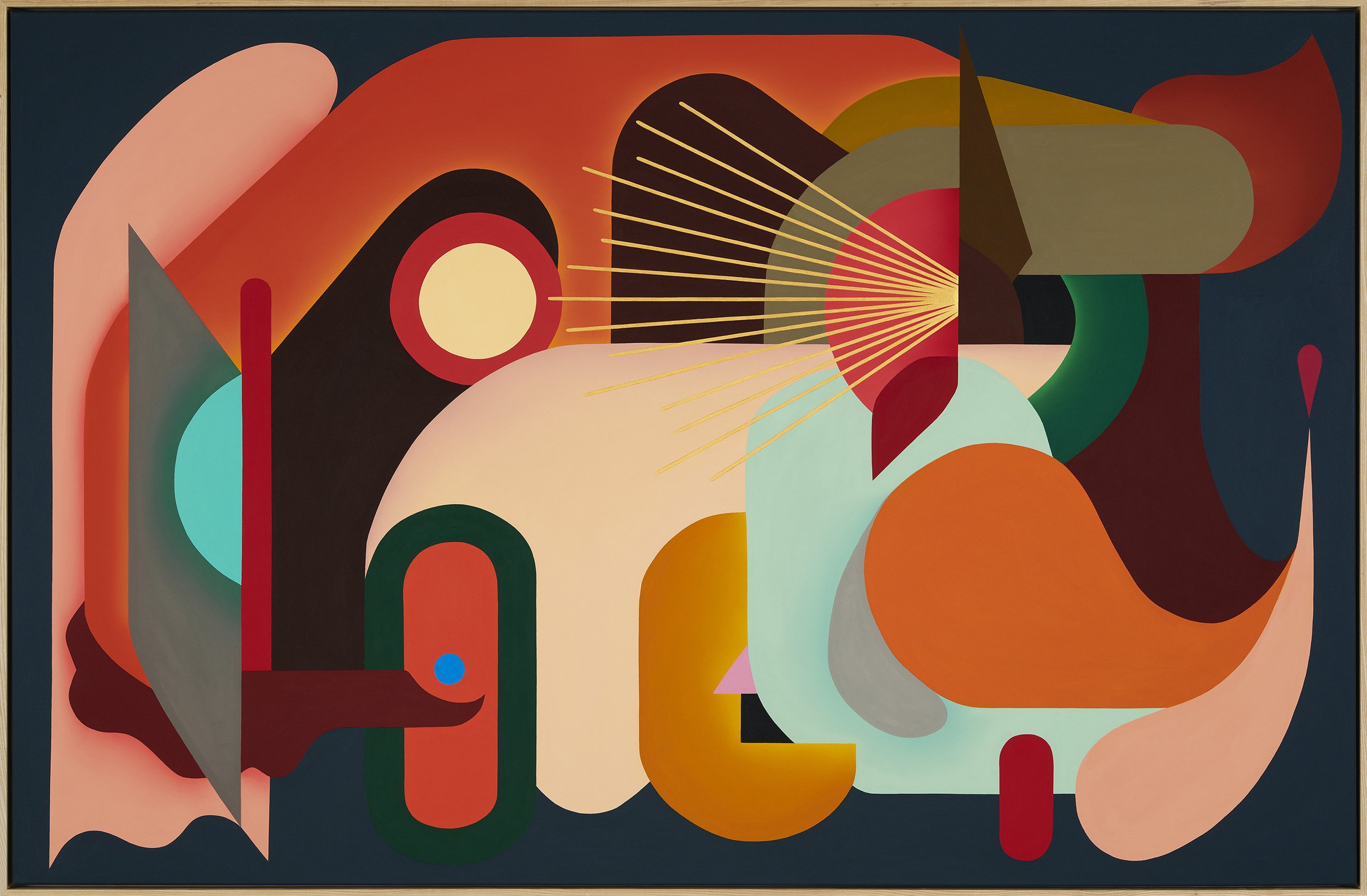 Abstract geometric painting with bold shapes and vibrant colors, including circles, arches, and lines.