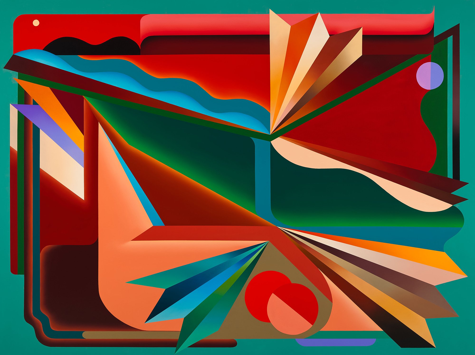 An abstract digital artwork featuring geometric shapes and vibrant colors such as red, green, blue, and orange, with layered and curved forms creating a dynamic composition.