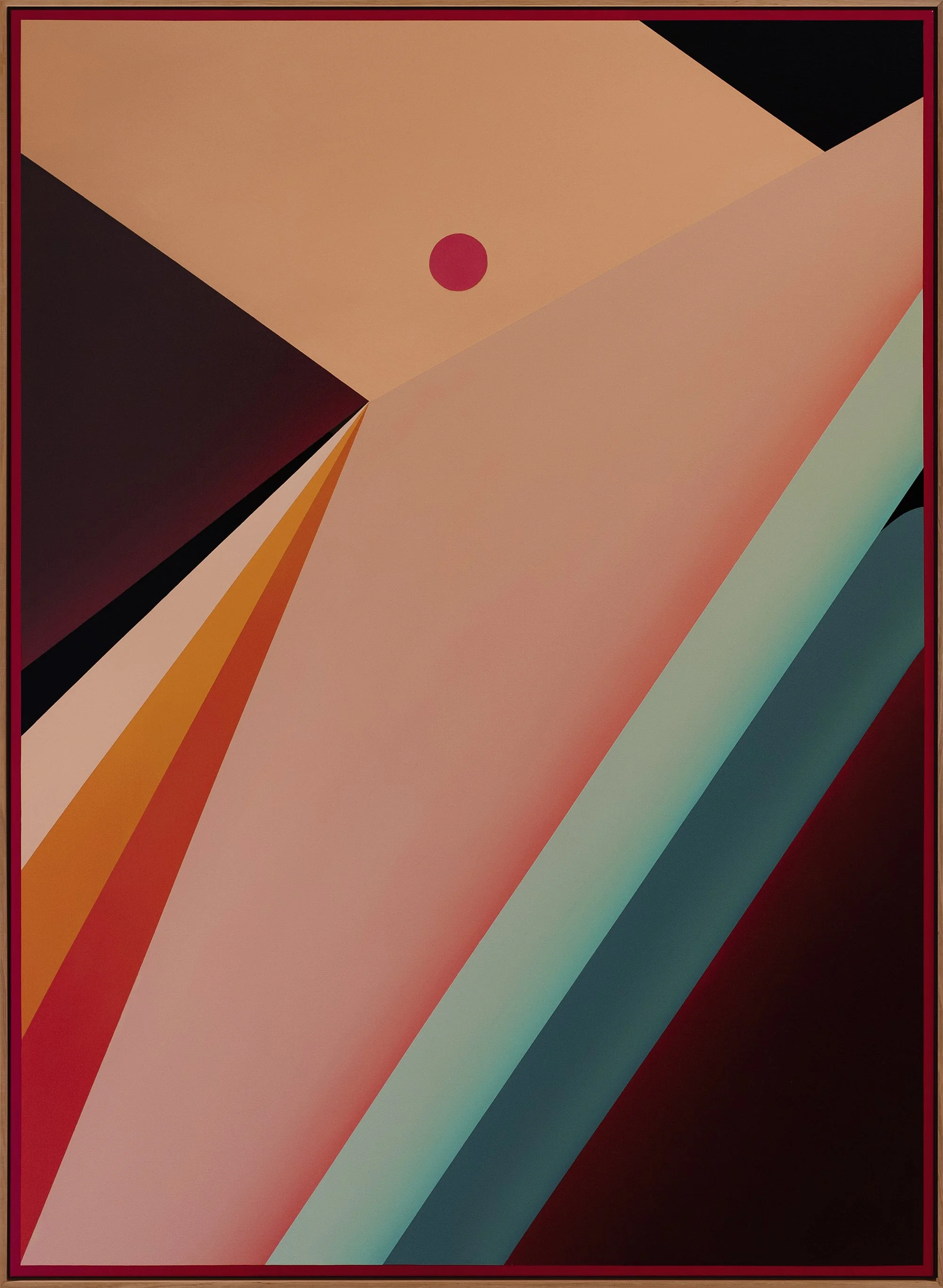 Abstract geometric artwork featuring diagonal color gradients in shades of peach, black, red, orange, teal, and dark red with a small red circle near the top center.