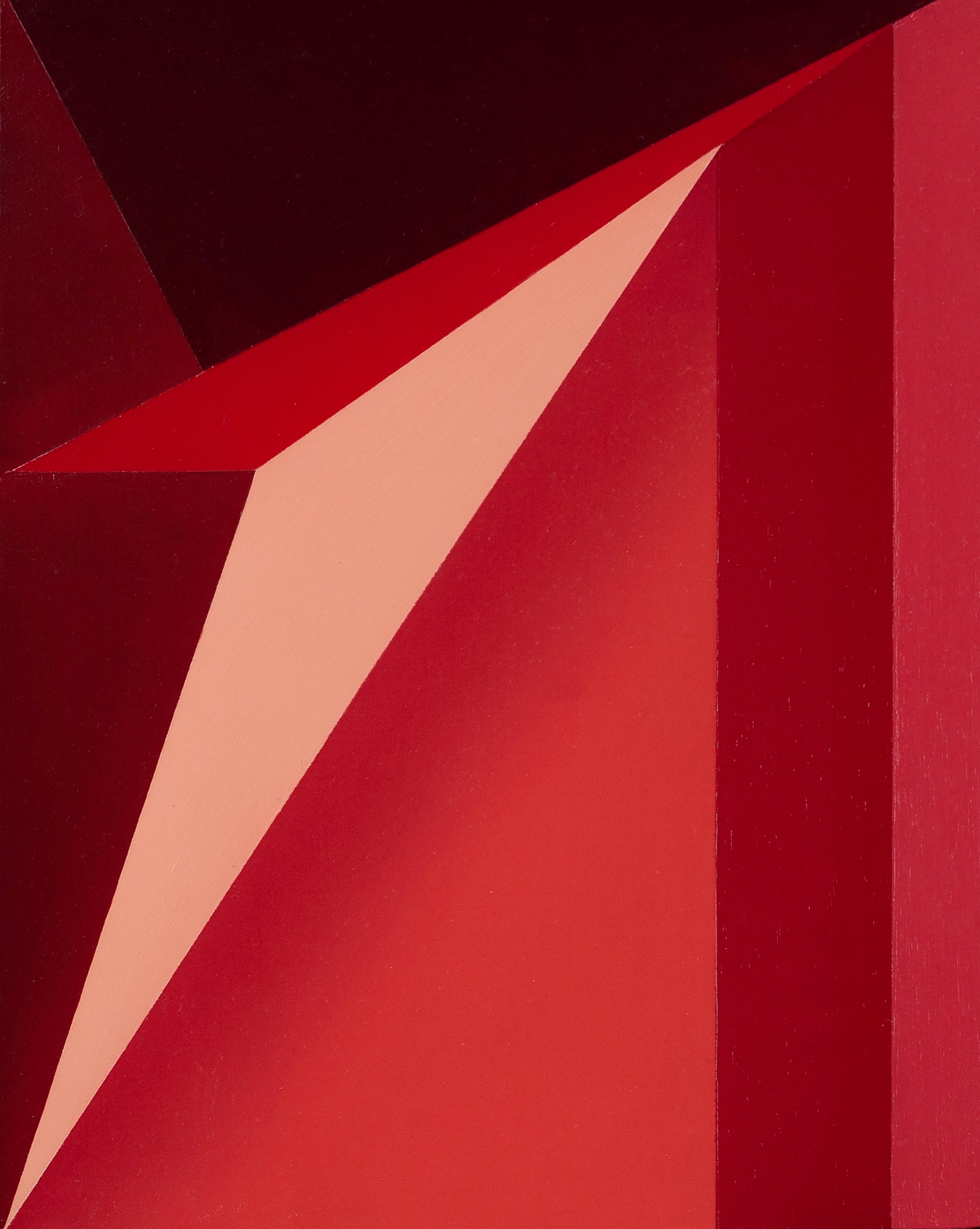 Abstract geometric artwork with red, black, and light pink shapes forming sharp angles and overlapping sections.