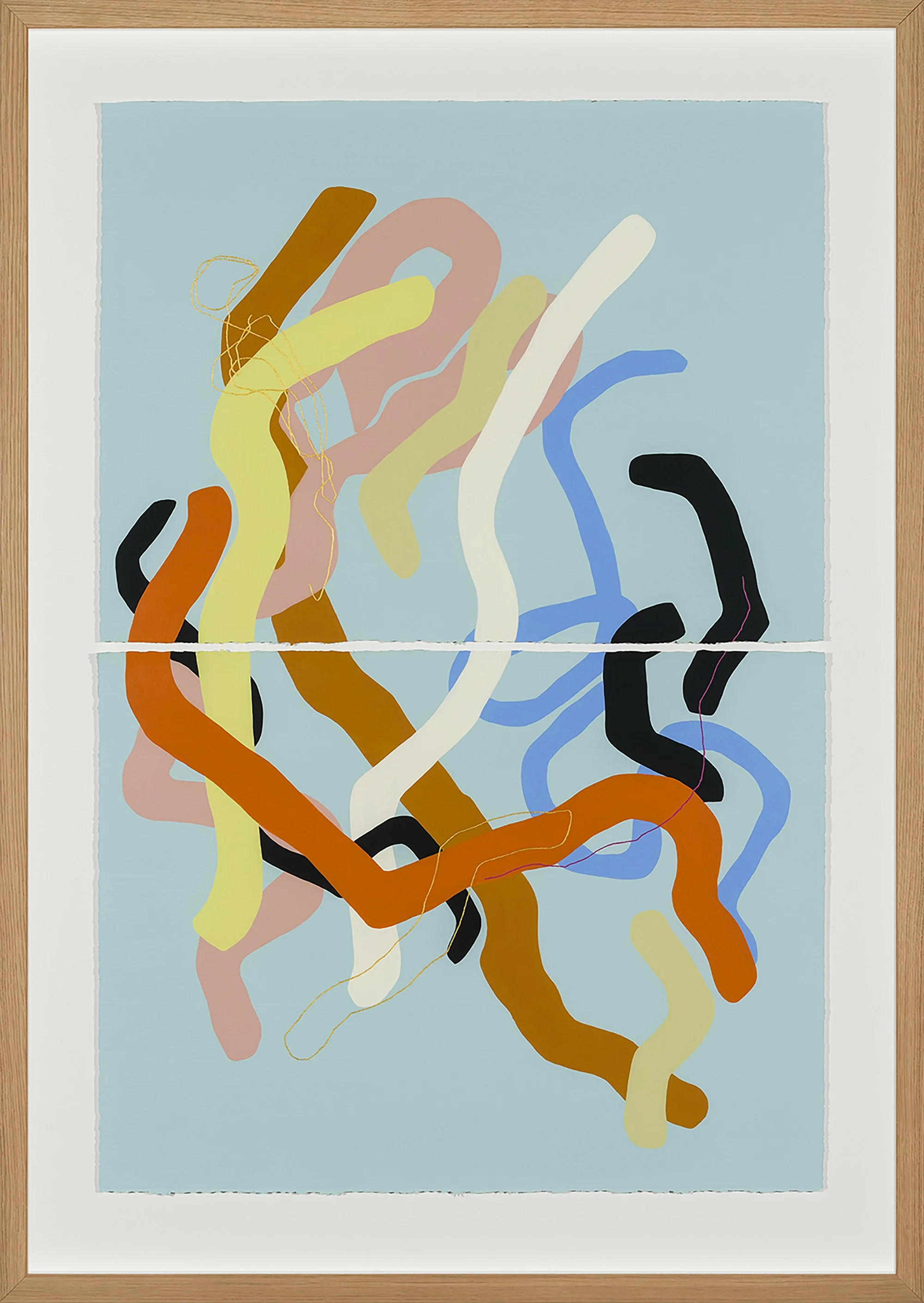Abstract painting of colorful tangled squiggly lines, with a horizon line dividing the reflection and the original, set against a light blue background and framed with a wooden border.