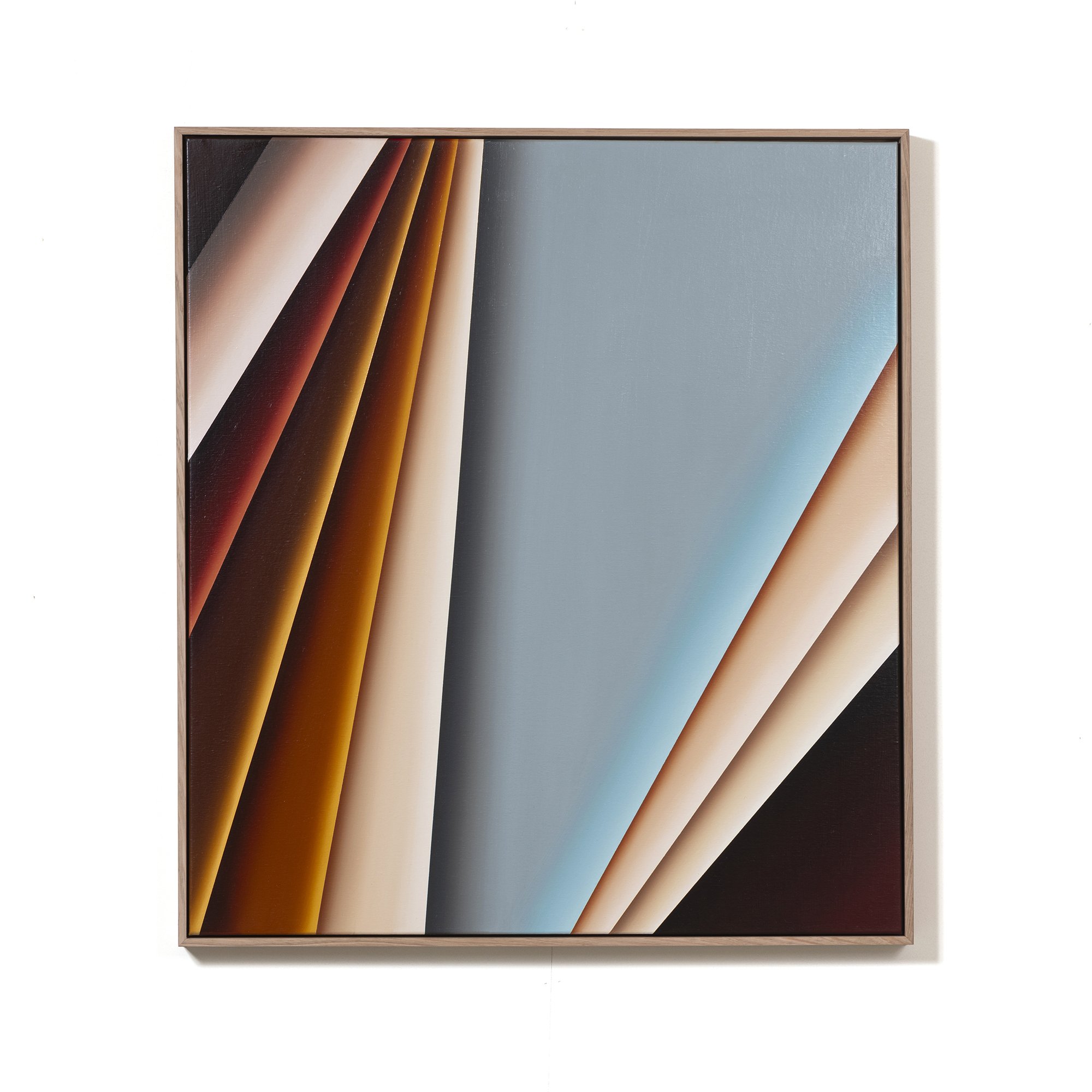 Abstract artwork featuring curved, layered shapes in shades of brown, black, beige, and light blue, framed in wood