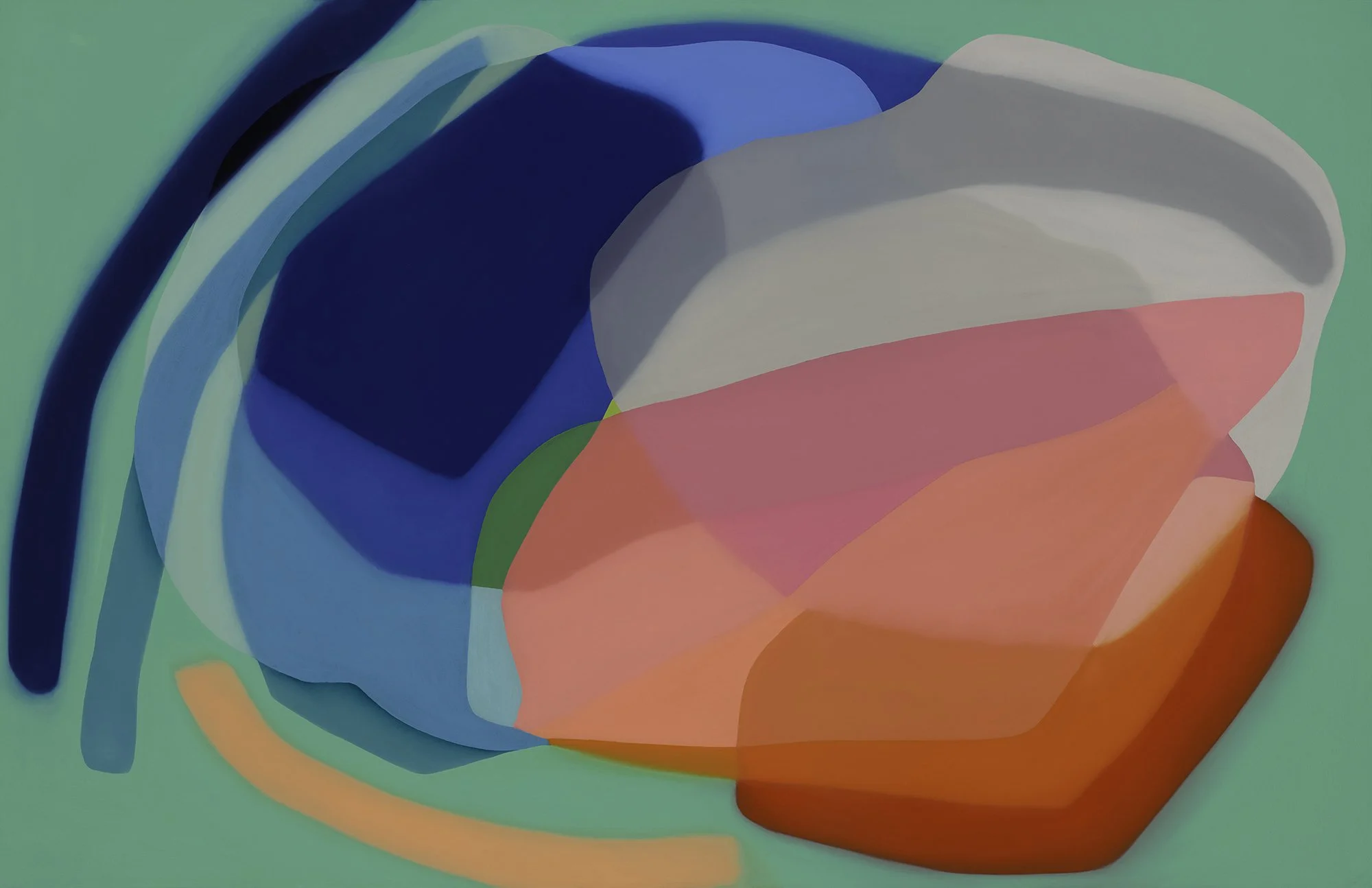 Abstract colorful layered shapes including blue, white, red, pink, green, and orange on a light turquoise background.