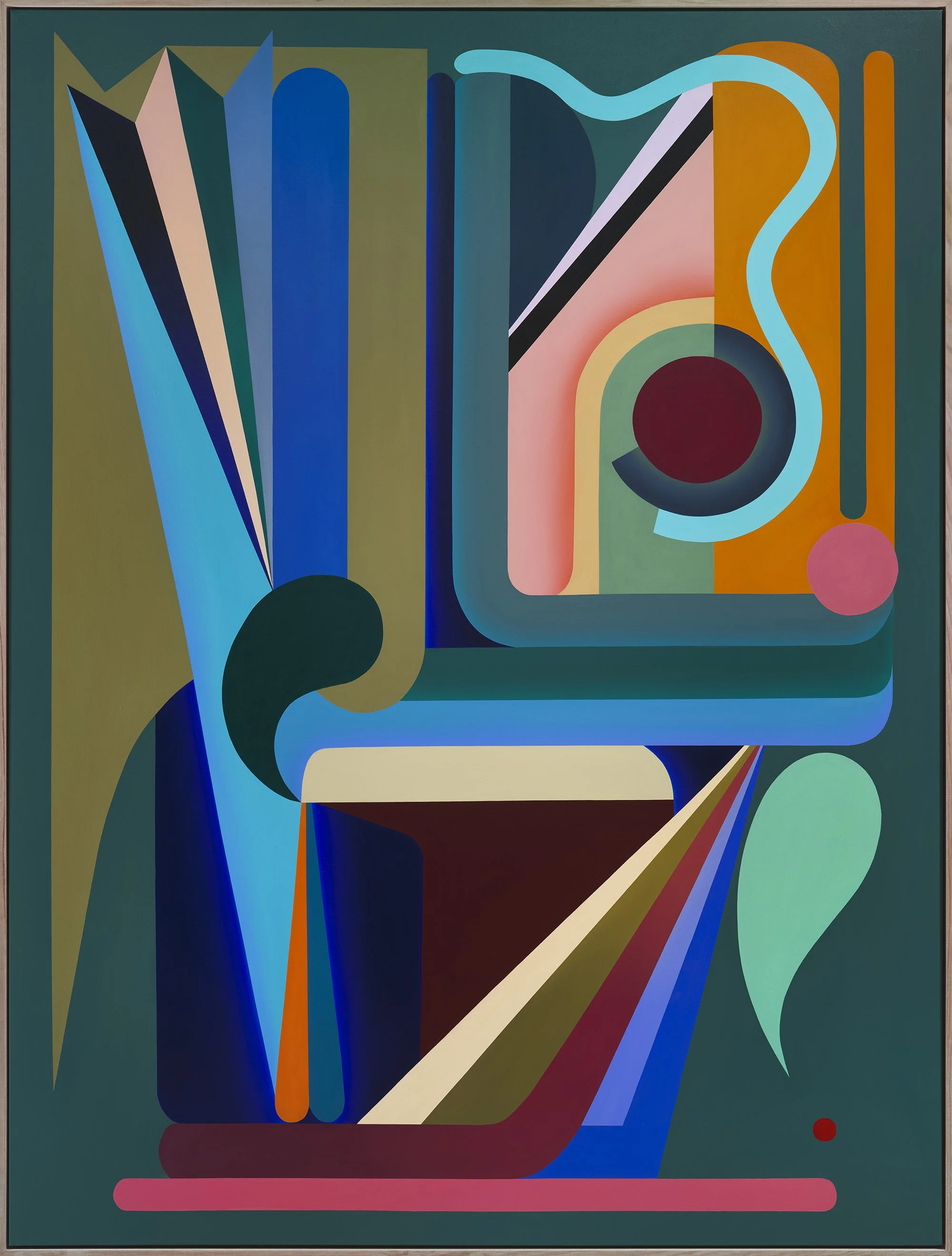 An abstract geometric painting with various shapes and vibrant colors including blue, green, pink, orange, and black.