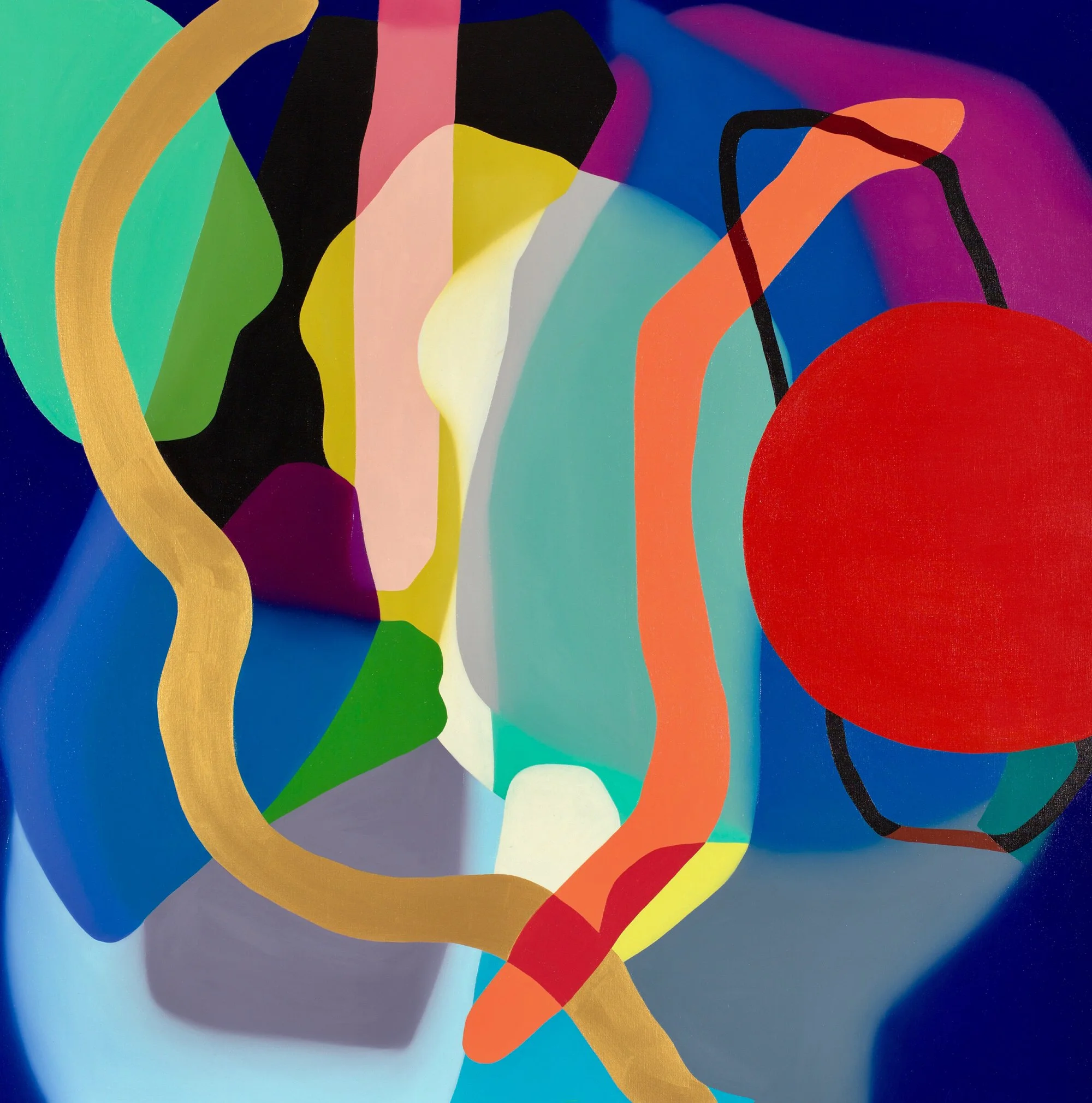 Abstract modern art painting with curved lines and shapes in bright colors including red, orange, yellow, green, blue, purple, black, white, and gold.