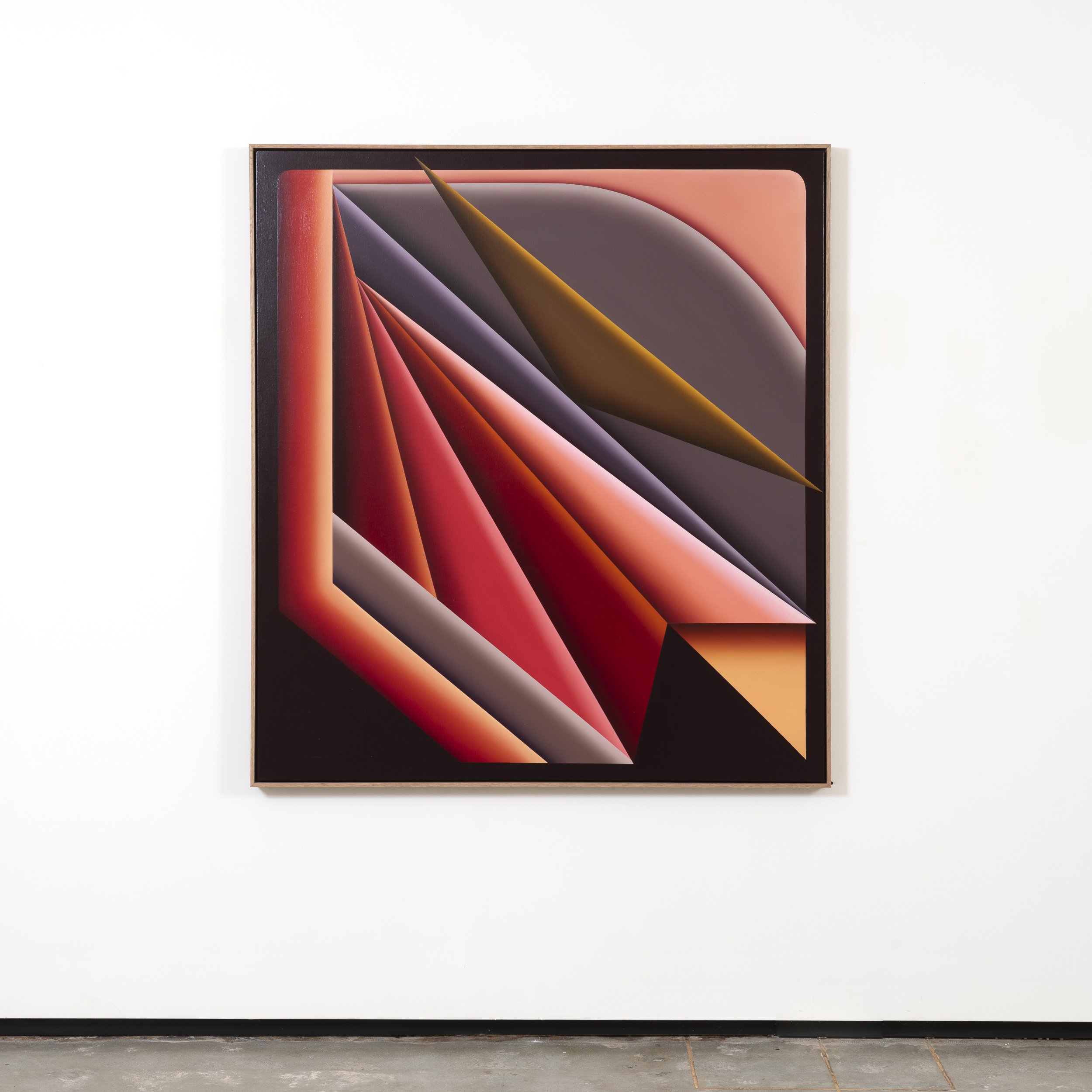 Abstract geometric artwork with vibrant red, purple, gold, and gray shapes on a black and pink background, hung on a white gallery wall.