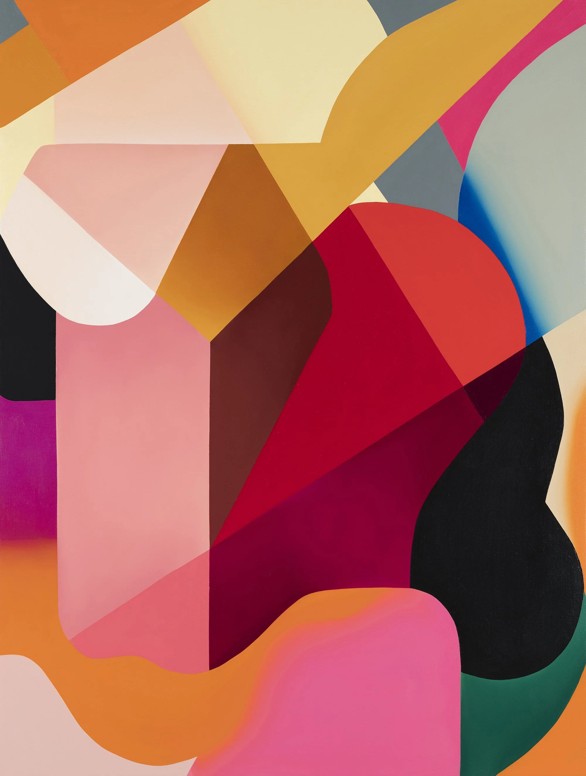 Abstract colorful geometric artwork with various shapes and shades of pink, red, orange, yellow, black, blue, gray, and green.