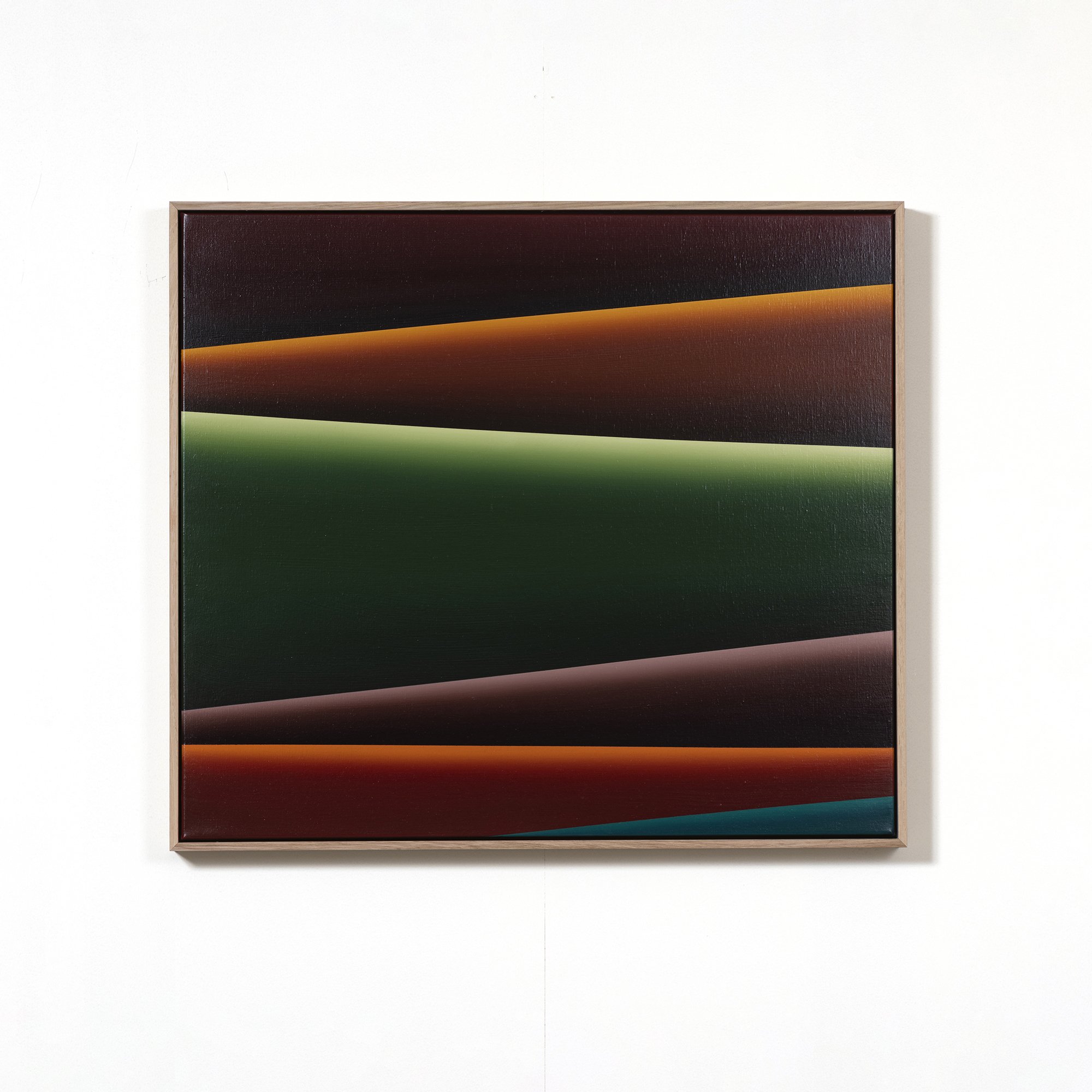 Colorful abstract painting with curved, flowing shapes in dark red, orange, green, purple, and blue, framed and displayed against a plain white wall.