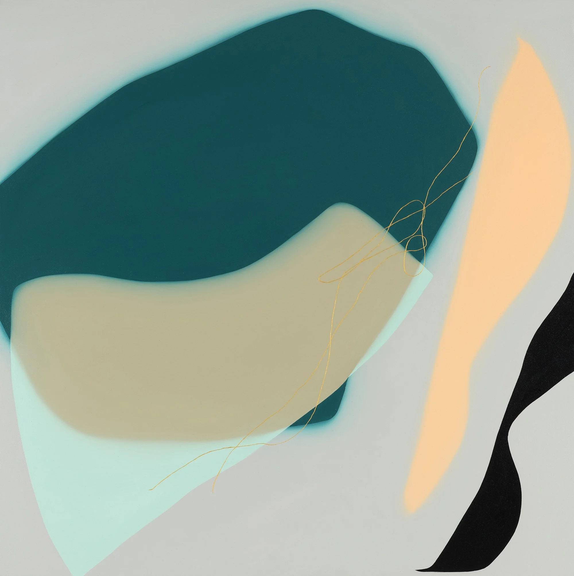Abstract art piece with organic shapes in shades of teal, beige, peach, black, and light blue, with thin gold lines.