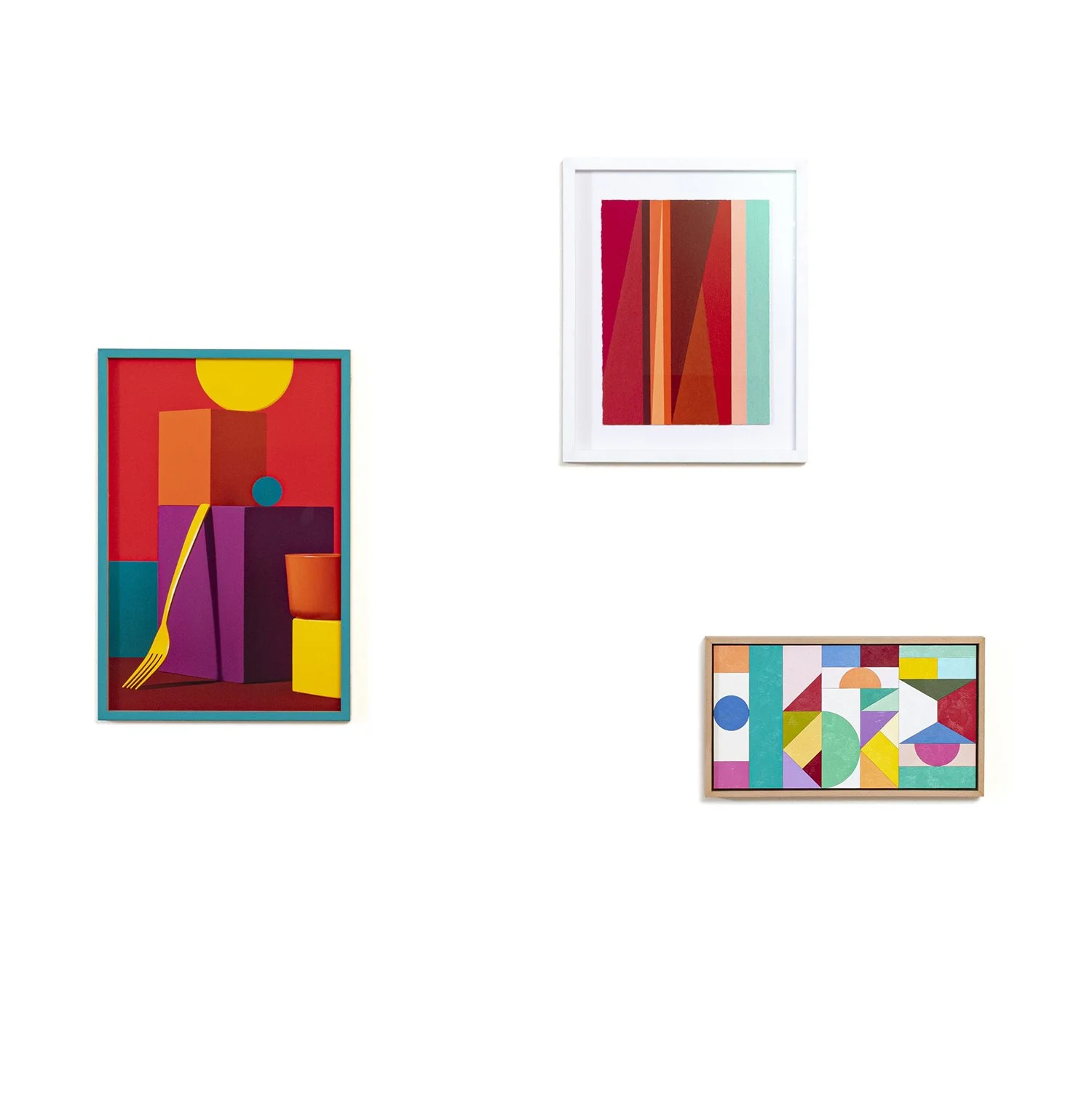 Three colorful abstract art paintings hanging on a white wall.