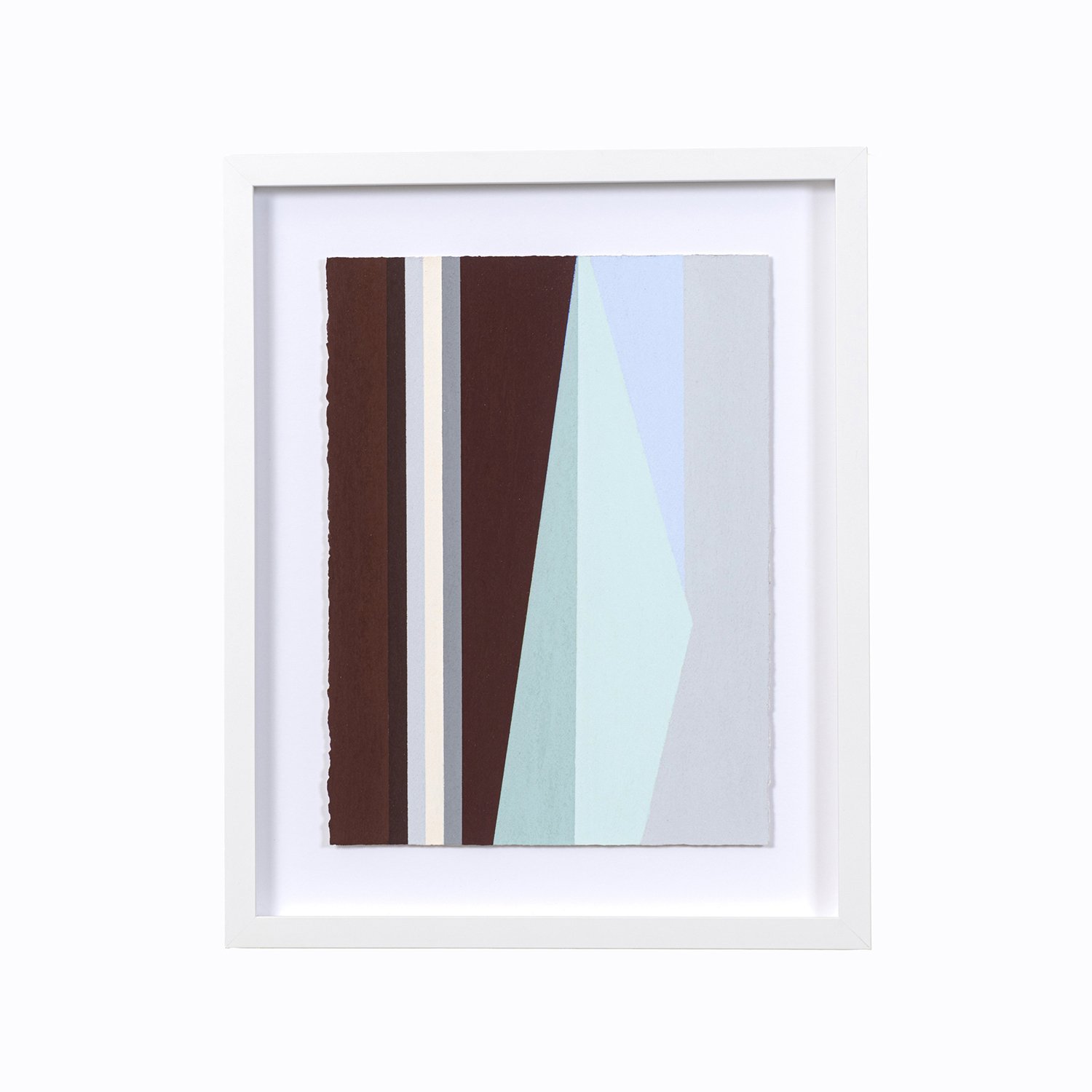 Abstract geometric artwork with vertical and diagonal color blocks in browns, blues, and greys, framed in white.