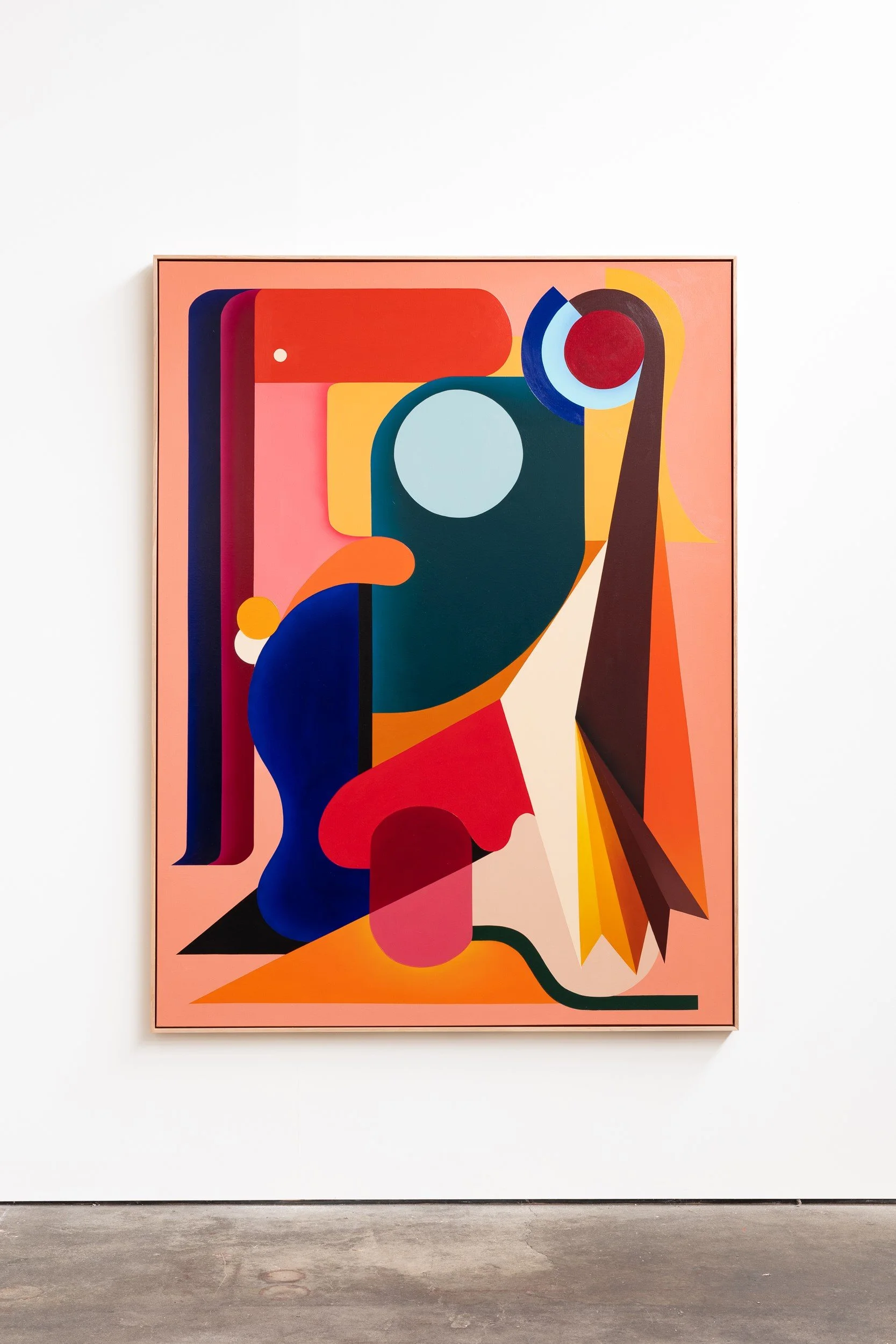 An abstract painting featuring geometric shapes and bold colors including red, blue, yellow, pink, and black, arranged in a dynamic composition.