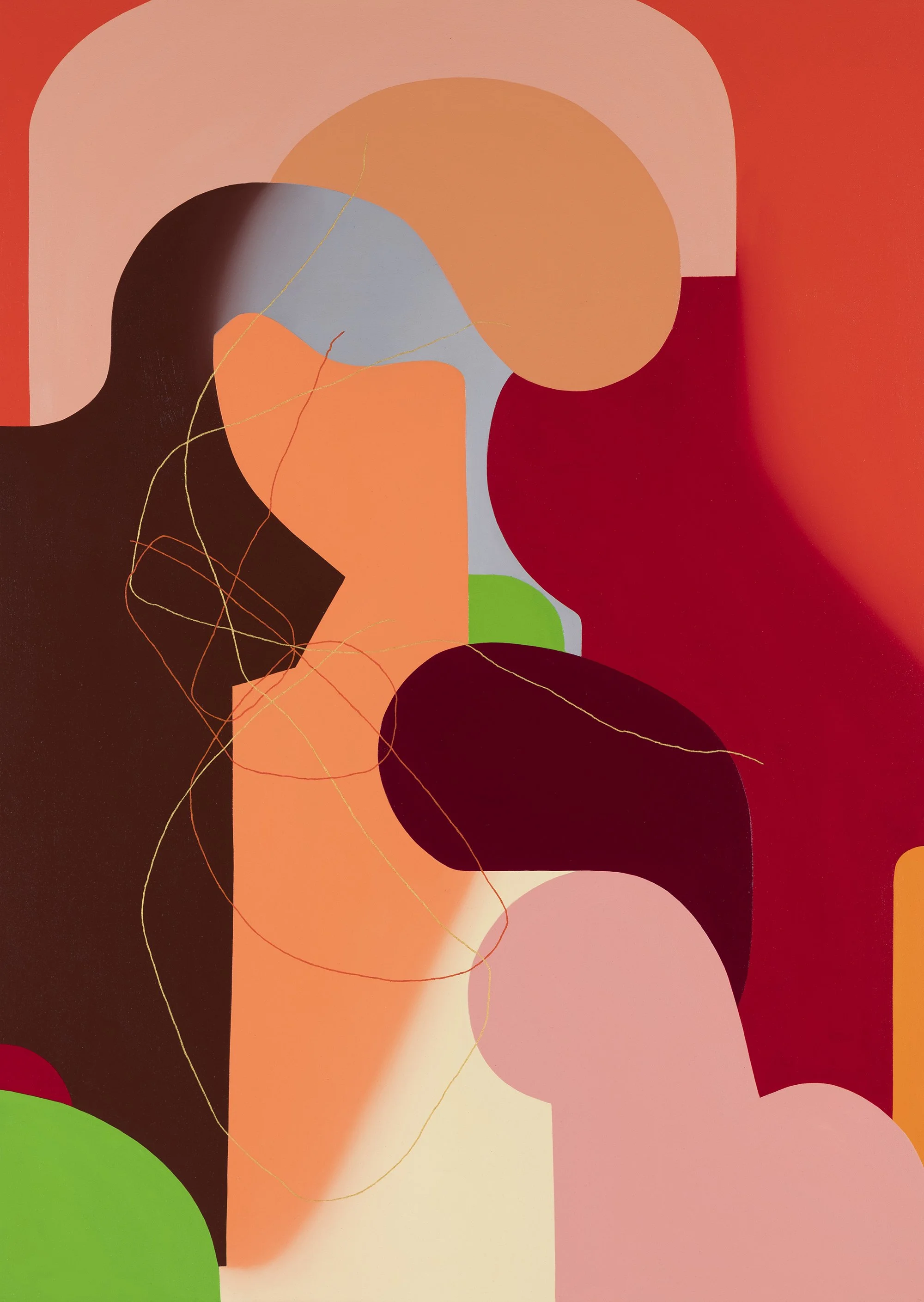 Abstract colorful artwork with various curved shapes in shades of red, pink, orange, green, blue, and black, featuring thin gold lines.