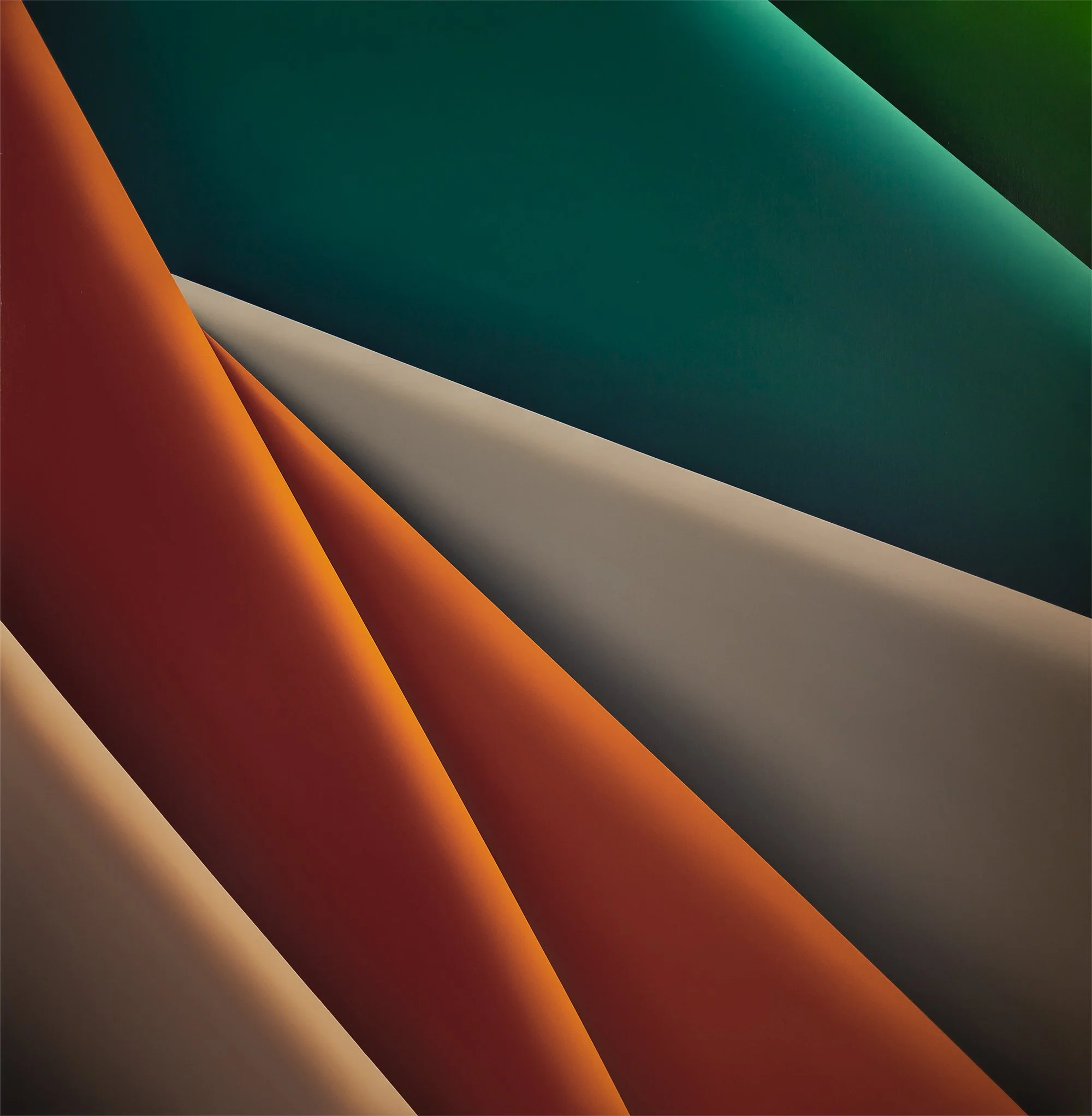 Abstract colorful paper or material layers in shades of orange, white, green, and beige arranged in a fan-like pattern.