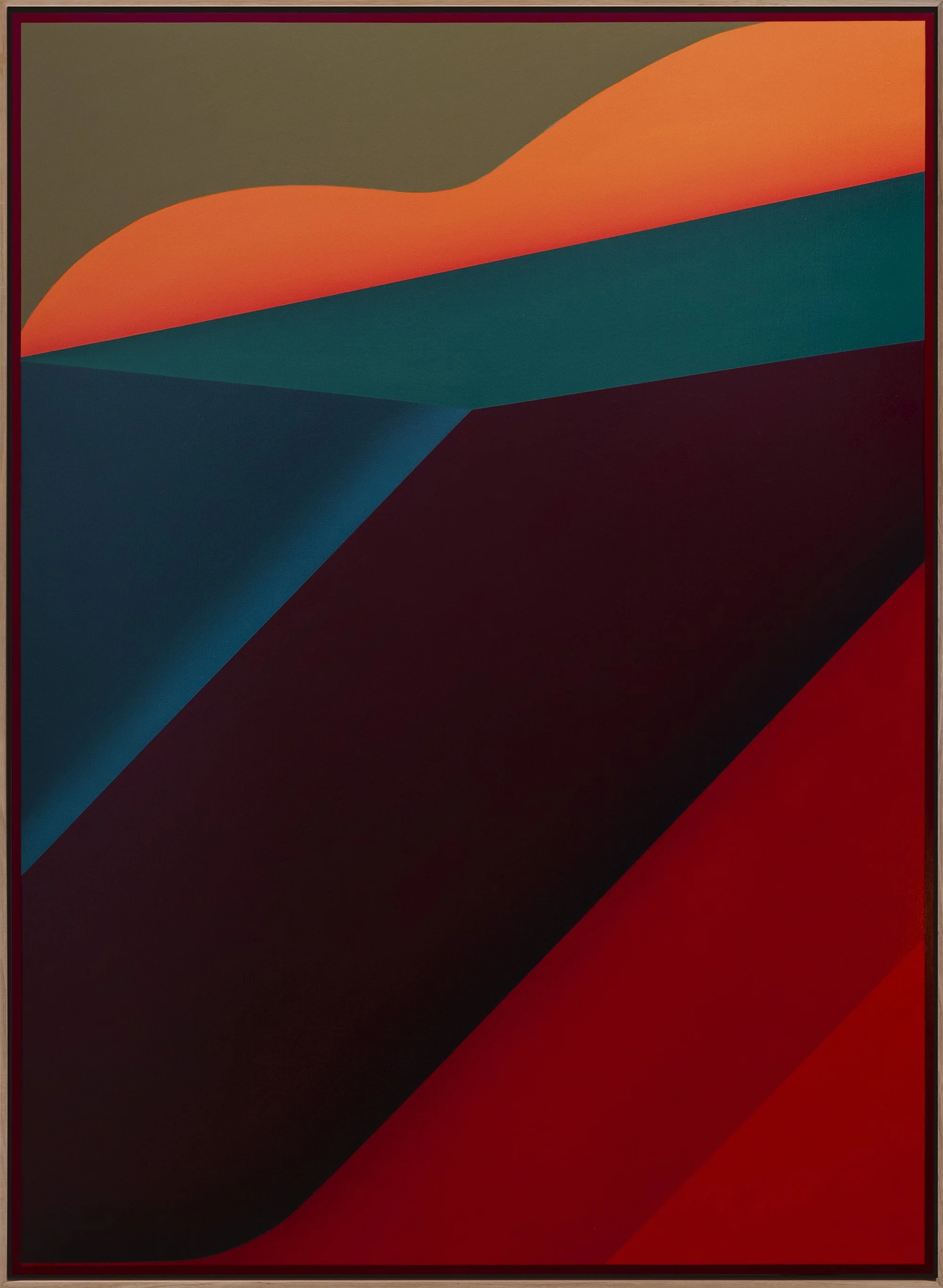 Abstract colorful geometric art with curved and diagonal shapes in shades of orange, teal, dark red, and black.