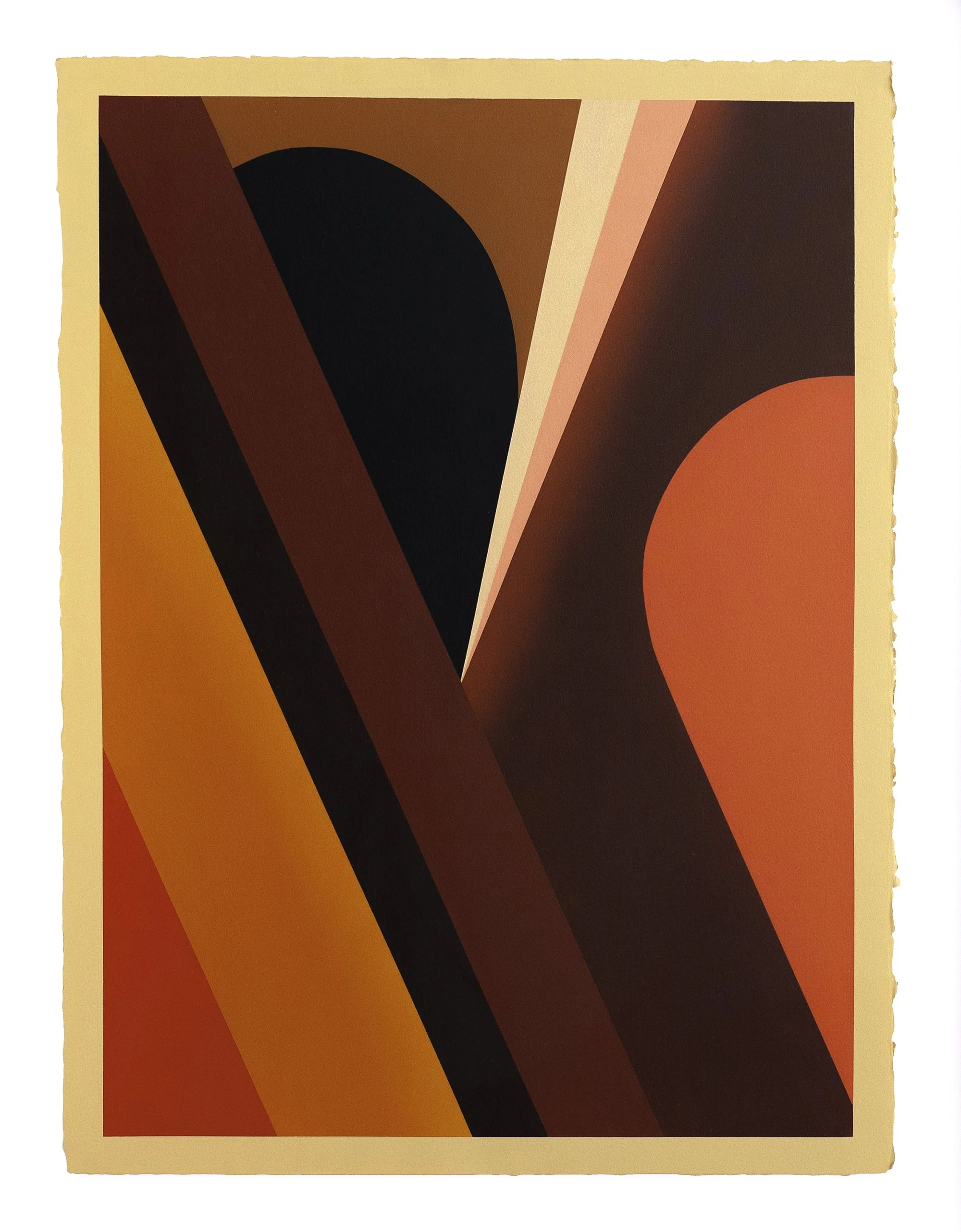 Abstract geometric art with bold shapes and warm colors including red, orange, black, and cream