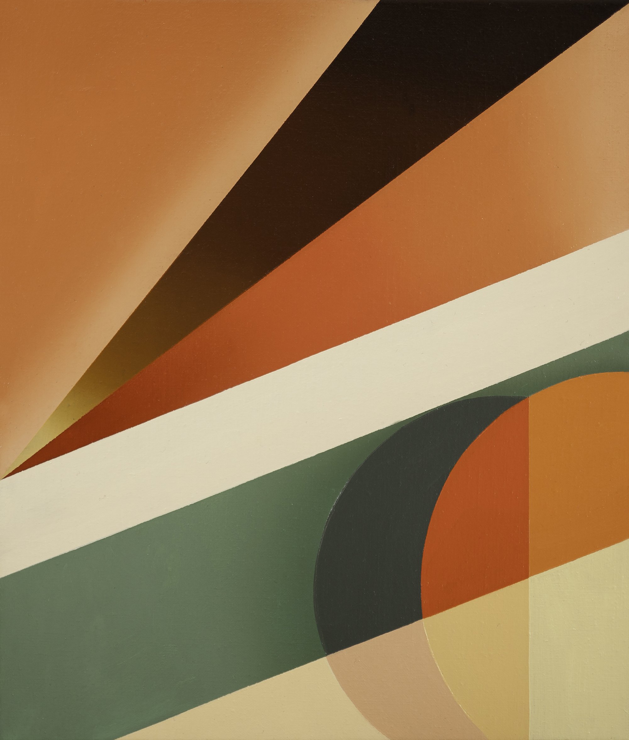 Abstract geometric artwork featuring curved and straight shapes in shades of orange, green, white, black, and yellow.