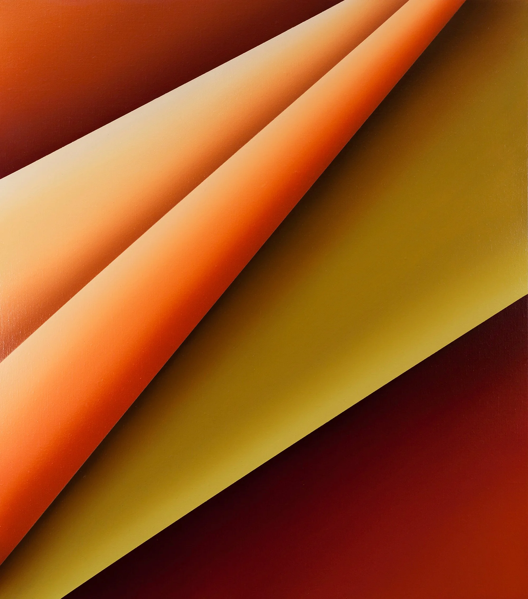 An abstract digital artwork featuring curved, layered shapes in shades of orange and yellow against a dark background.