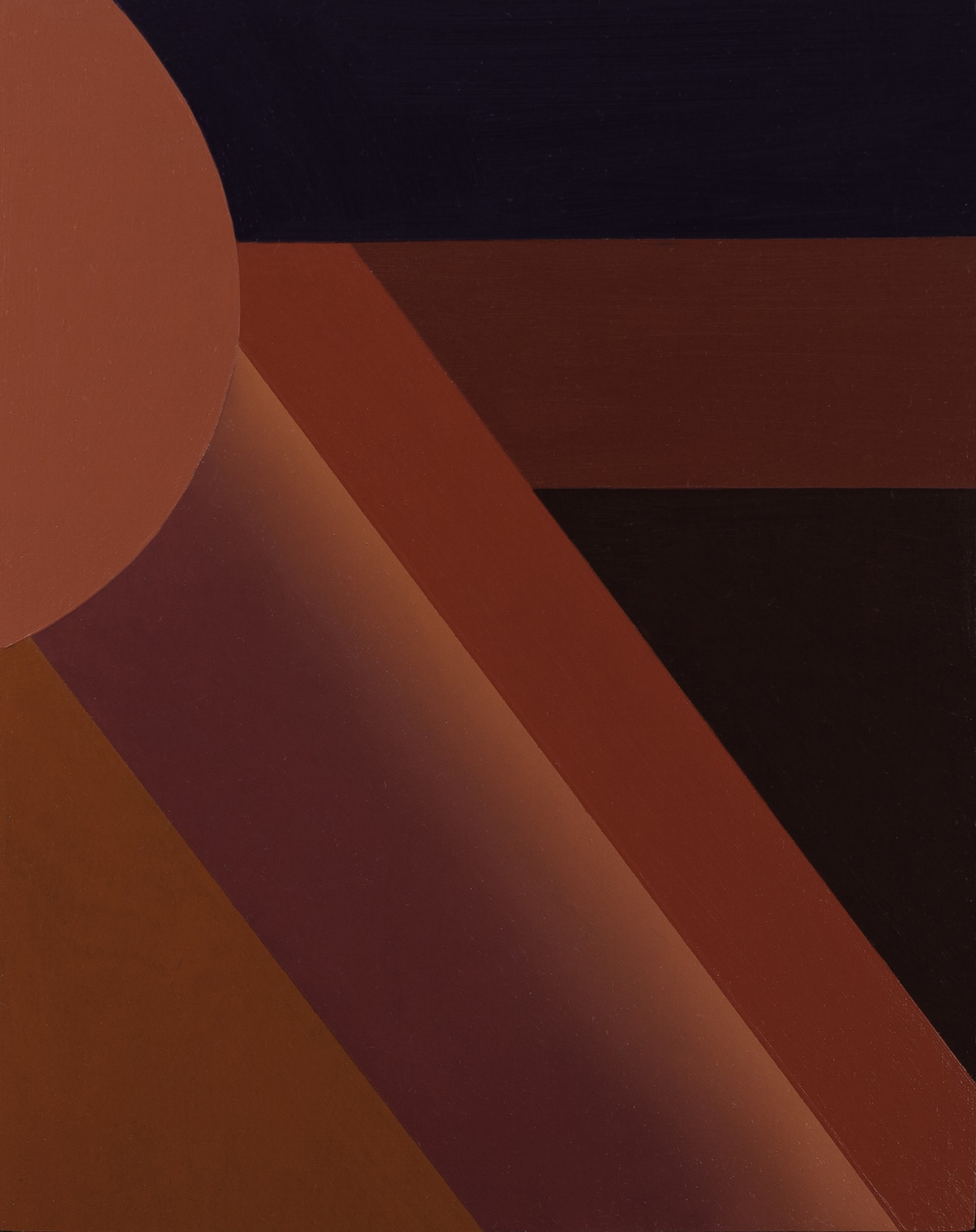 Abstract geometric artwork with overlapping red, black, and orange shapes and lines.