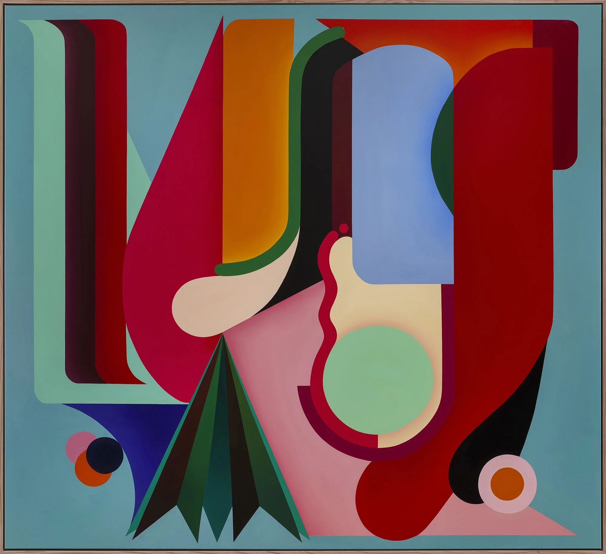 Abstract geometric artwork with colorful shapes including circles, triangles, and rectangles in red, blue, green, orange, black, and pink on a teal background.