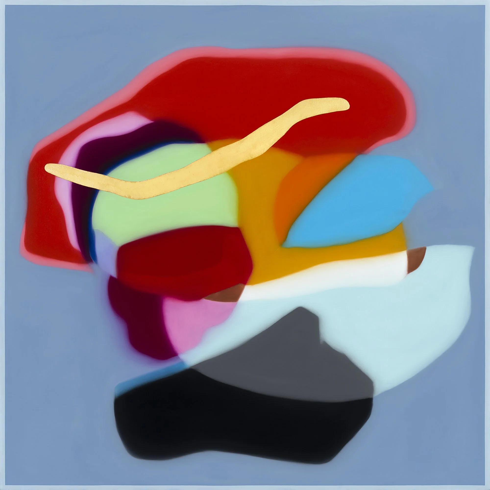 Abstract colorful art piece with various shapes and colors on a gray background.