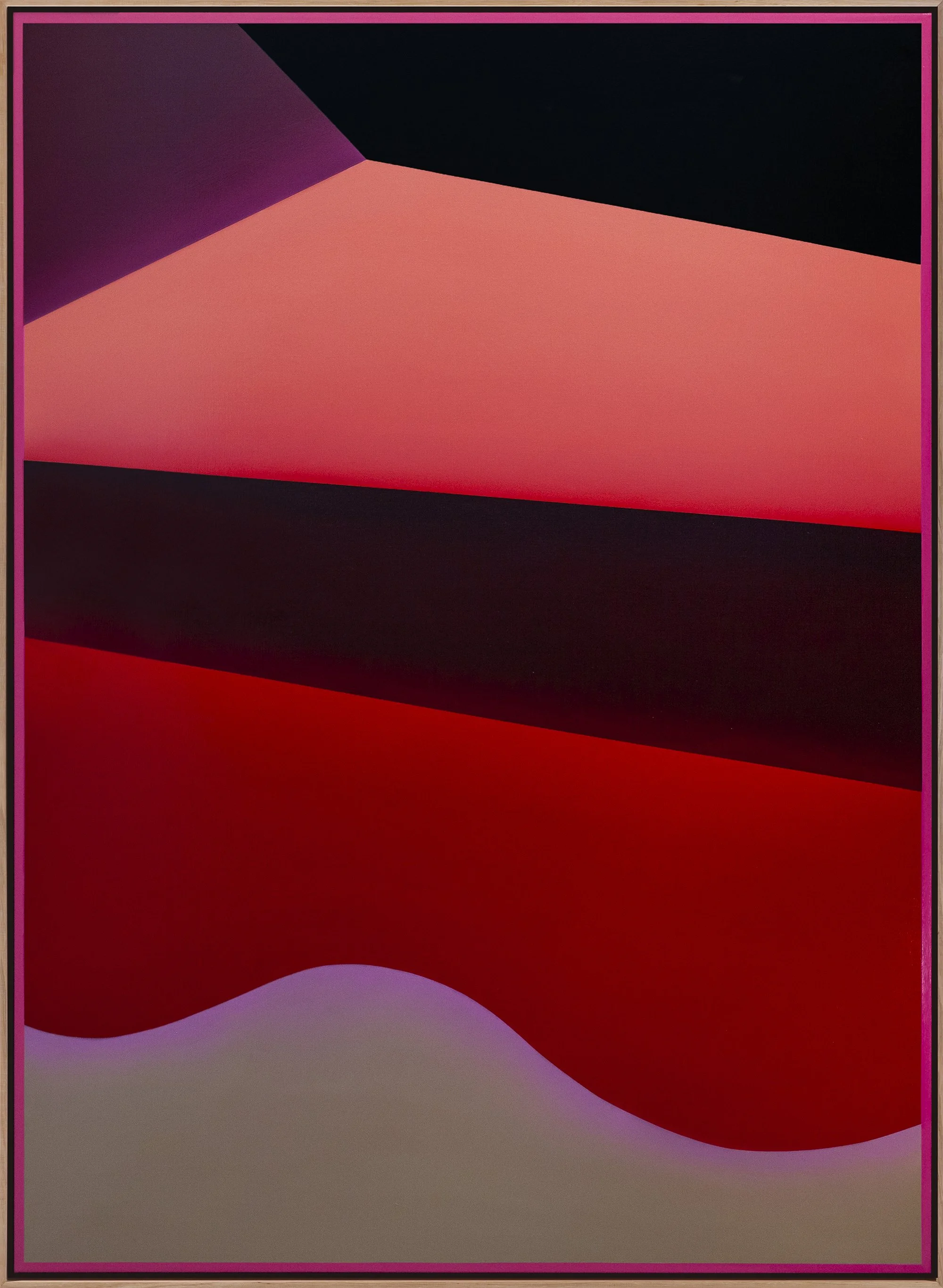 Abstract digital art with diagonal bands of pink, black, and red, and a flowing wave-like shape in purple and beige at the bottom.