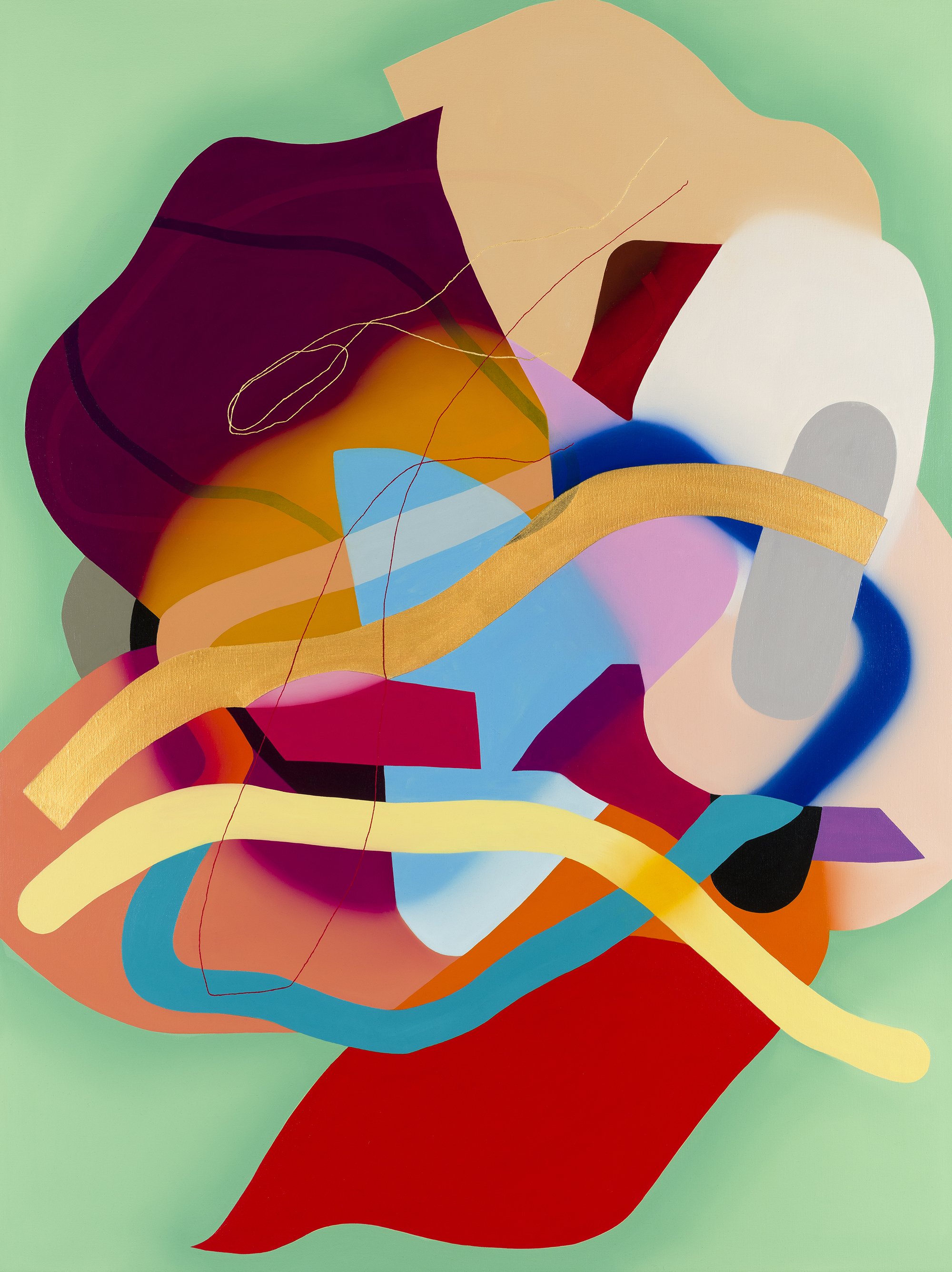 Abstract colorful artwork with flowing shapes and lines in shades of red, yellow, blue, purple, pink, green, and black.