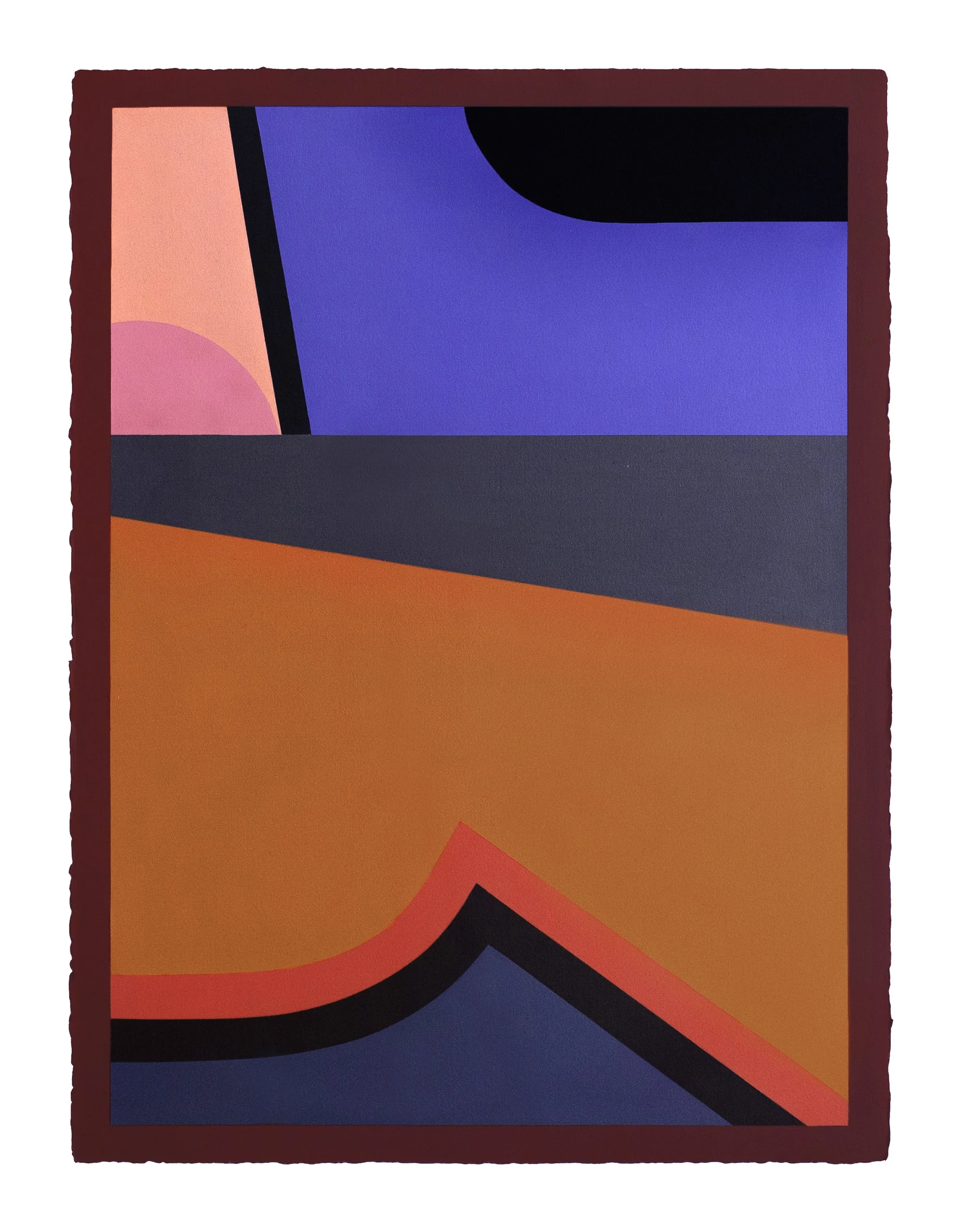 An abstract geometric artwork with bold shapes and vibrant colors including blue, pink, orange, black, and gray.