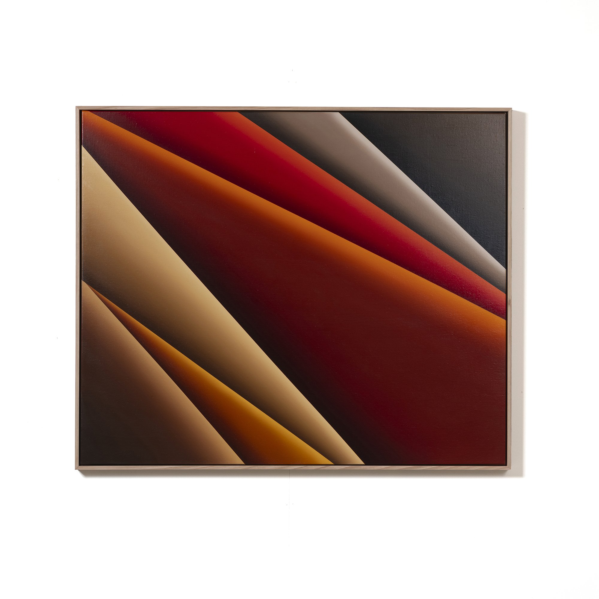 Abstract artwork with flowing curved shapes in shades of red, orange, beige, and black, framed and displayed on a white wall.