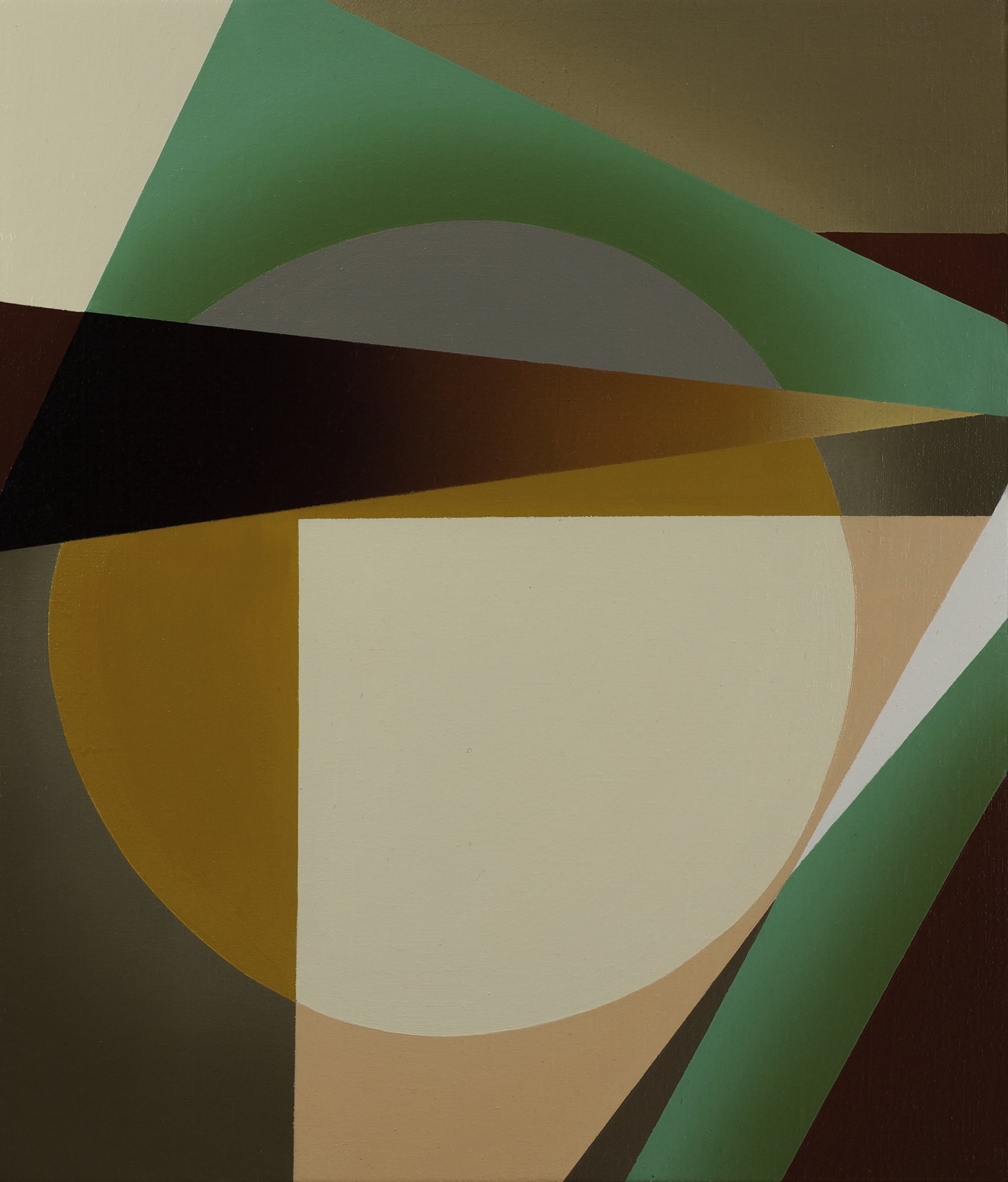 Abstract geometric painting with various shapes and colors, including green, brown, yellow, white, black, and gray.