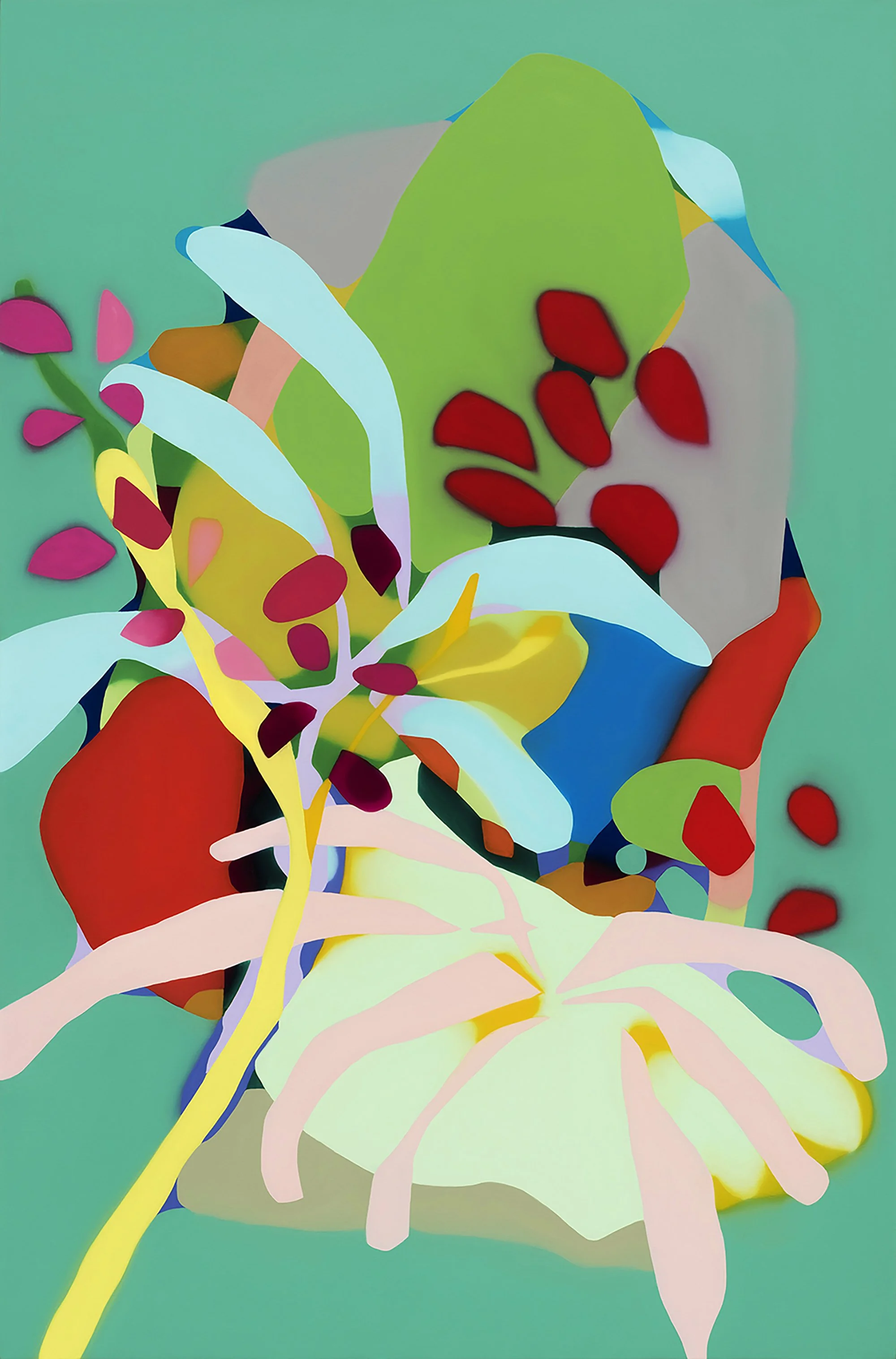 Abstract digital artwork featuring colorful plant-like shapes and leaves with vibrant reds, greens, blues, yellows against a teal background.