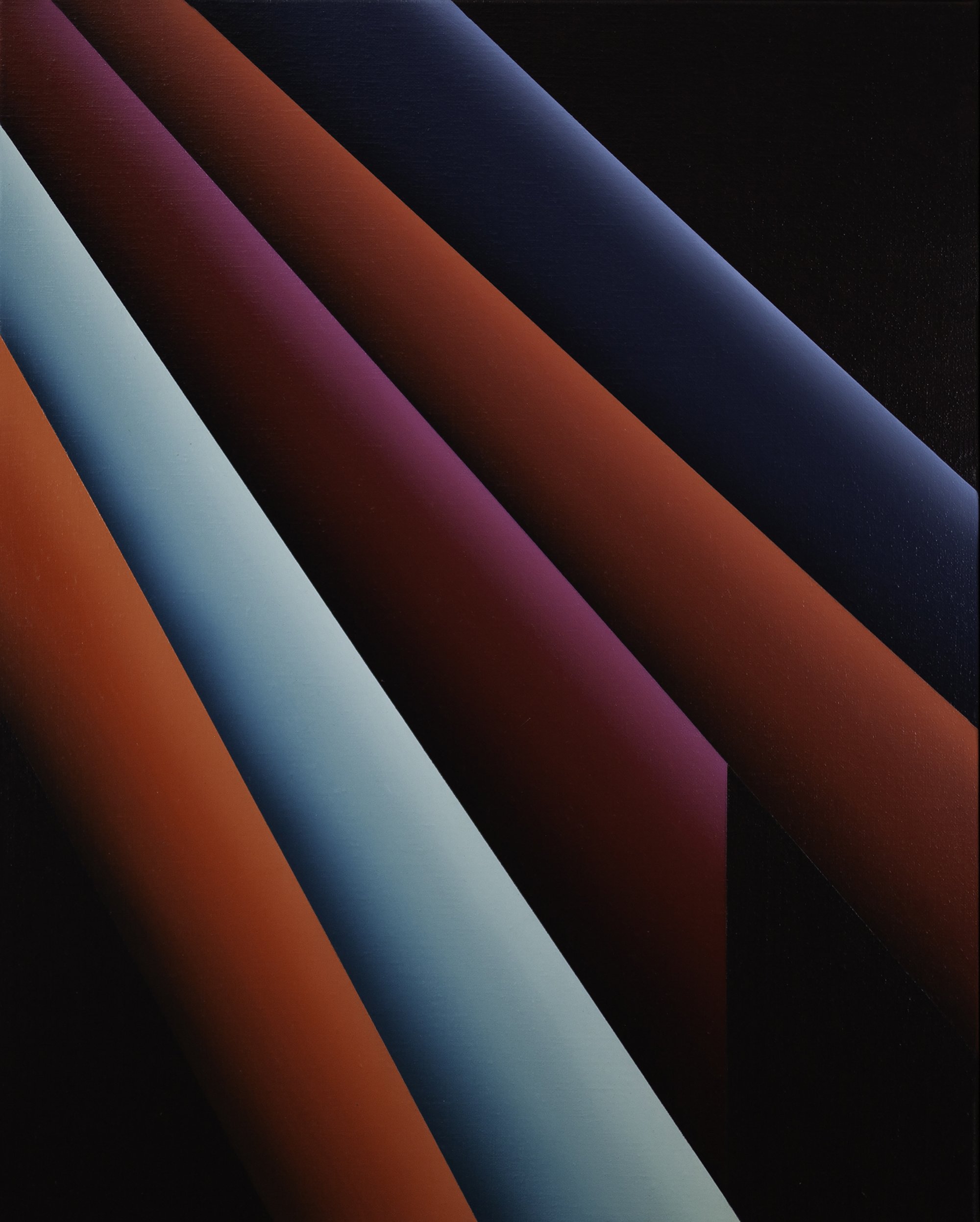 Abstract geometric artwork with diagonal stripes in colors including blue, purple, red, and black.