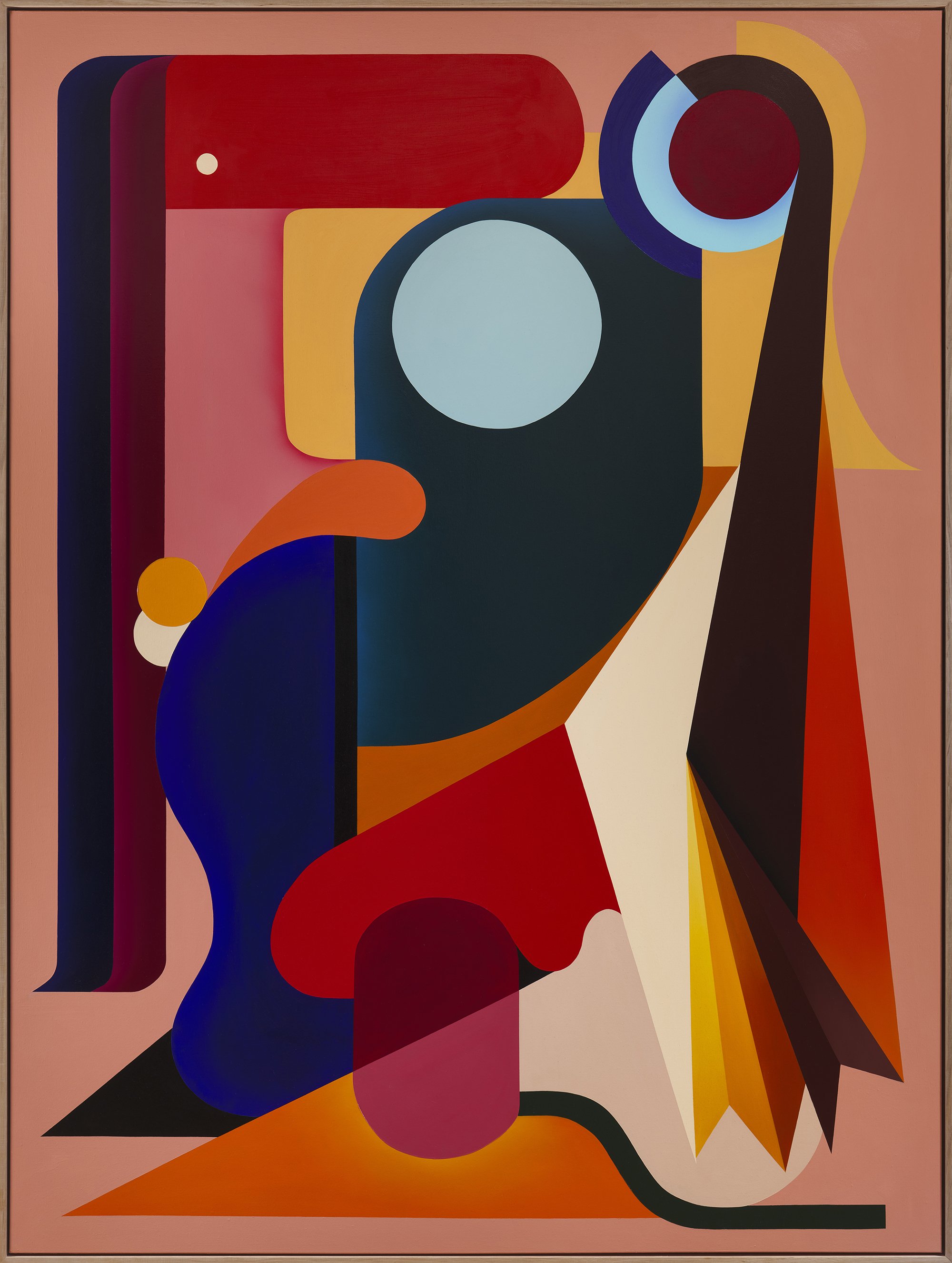 Abstract geometric painting with bold shapes and vibrant colors including red, blue, yellow, black, and pink.