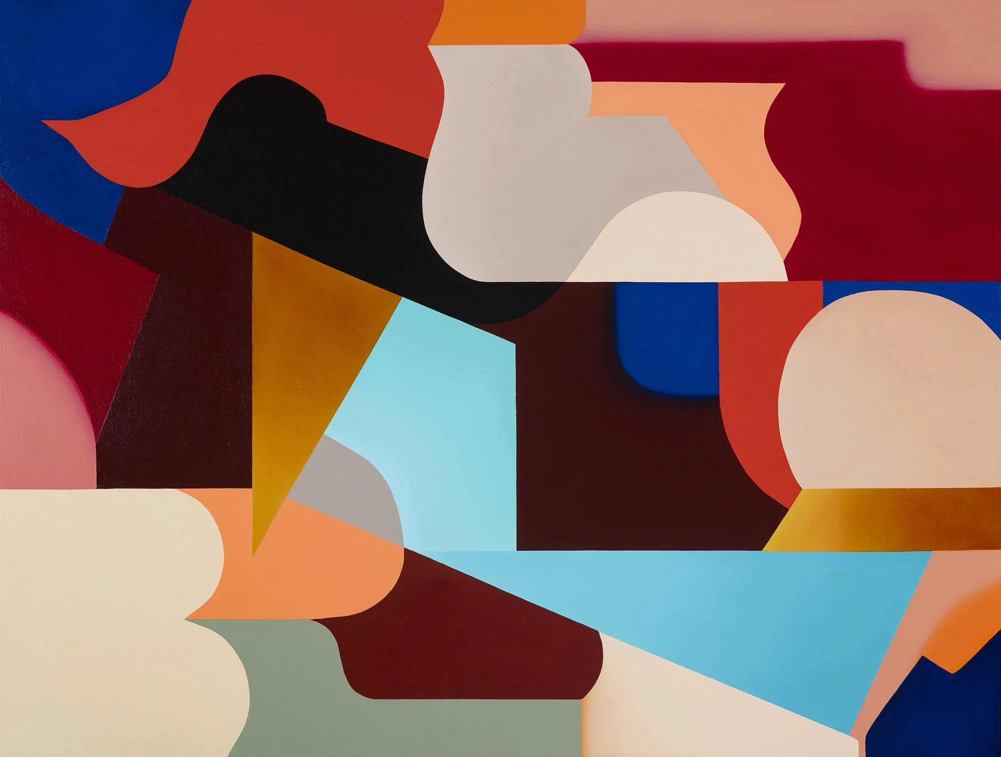 Abstract colorful geometric shapes in shades of blue, red, orange, pink, black, and white forming an artistic composition.