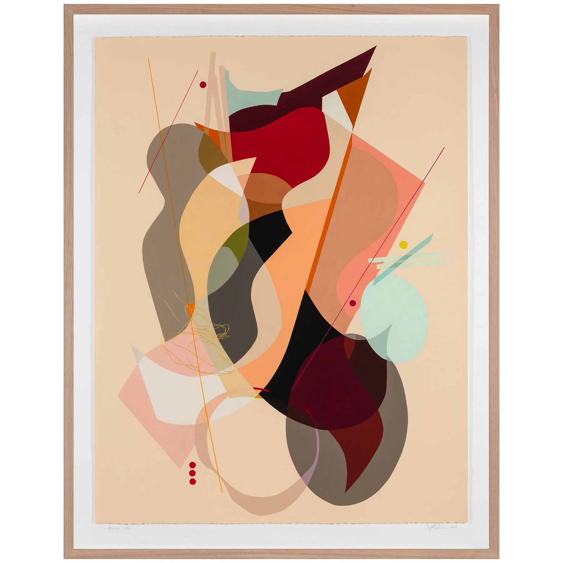 Abstract artwork with various shapes and colors including beige, red, black, green, and blue, framed in wood.