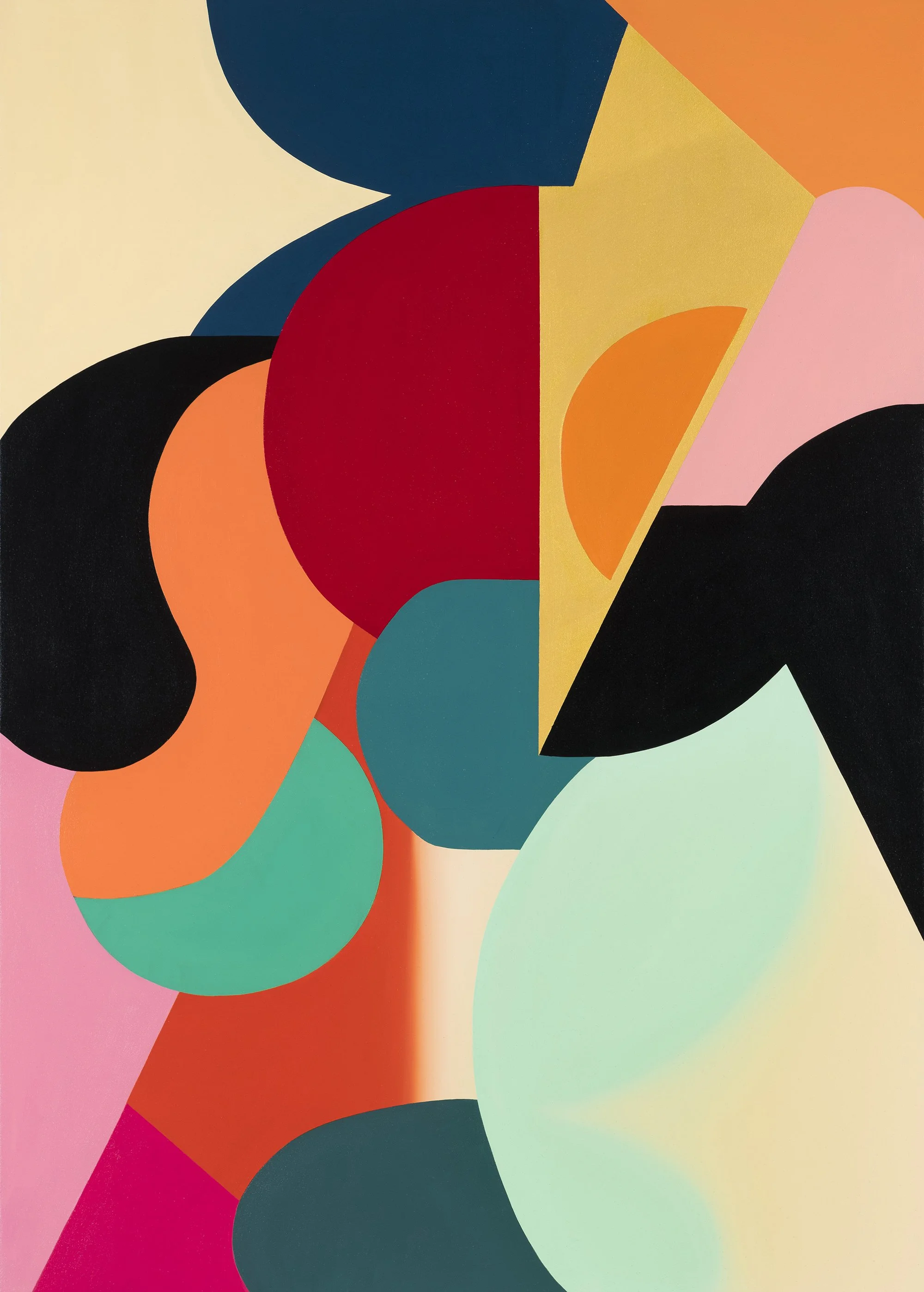 Abstract artwork with colorful geometric shapes, including circles, triangles, and irregular forms in shades of red, pink, orange, yellow, green, blue, black, and cream.